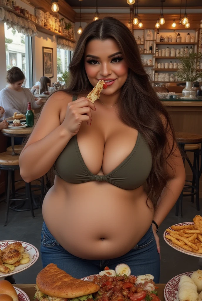 award winning photo, best quality, masterpiece, woman, Hannah Stocking, nikon d850 film stock photograph 4 kodak portra 400 camera f1.6 lens hyper realistic lifelike texture dramatic lighting unreal engine trending, Big belly, big hips, big thighs, big butt, round belly, love handles, hands cover , makeup, curvy, big belly, stuffed, pounds, skin slightly red at belly, moaning, sitting, heart, looks like influencer Hannah stocking, belly hang, female, feminine, eyes centered, big belly, big belly, round belly, 300pounds, stuffed, workout clothes, looking at camera, mouth slightly open, tongue, stuffed, food on table, side view, big butt, thick thighs, big belly, food on table, food in hands, Hannah stocking