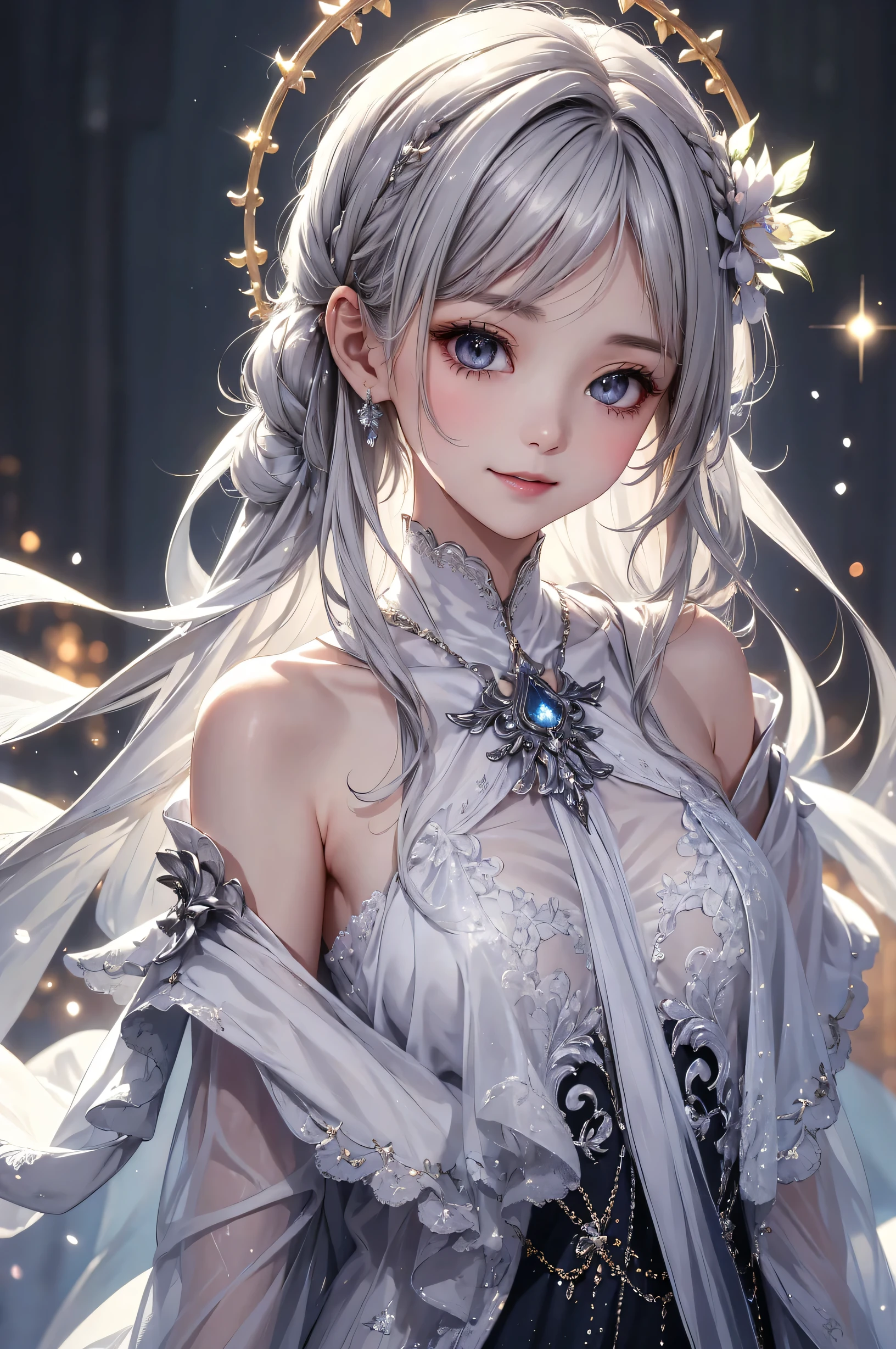 ((upper body:1.3))(masterpiece),(4K),high quality,(small breasts),sexy girl、Sexy Saints , Long Silver Hair ,My skin is white,smile, Beautifully detailed gray eyes, ( high-definition and elegant ),( White Capelet Fashion), magical color and atmosphere, detailed skin from sleeve to chest,(Cute sparkle), Particles of Light, The background is softly blurry , Adds a dramatic and symbolic element to the scene, Explanatory border in front of the large end, Bokeh, silky touch , see-through silk, soft, Lightweight clothing、beautiful and neat face、see-through 、 hyperdetail,creates a dreamy elegant atmosphere