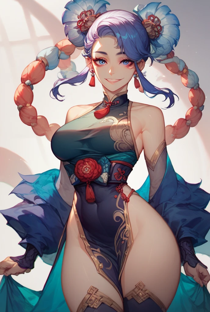 ((Masterpiece)), ((Best Quality)), (Very Detailed), ((Very Detailed)), 4K, (8K), very aesthetic, absurdres highres, 1 woman, (anthropomorphic Rabbit, furry, kemono:1.5), solo, breasts, blue eyes, looking at viewer, underboob, jewelry, white background, bracelet, tattoo, simple background, dress, piercing, china dress, blue hair, ear piercing, chinese clothes, hair ornament, spikes, earrings, medium breasts, makeup, short sleeves, upper body, belt, multicolored hair, arm tattoo, purple hair, clothing cutout, holding own arm, black dress, closed mouth, red lips