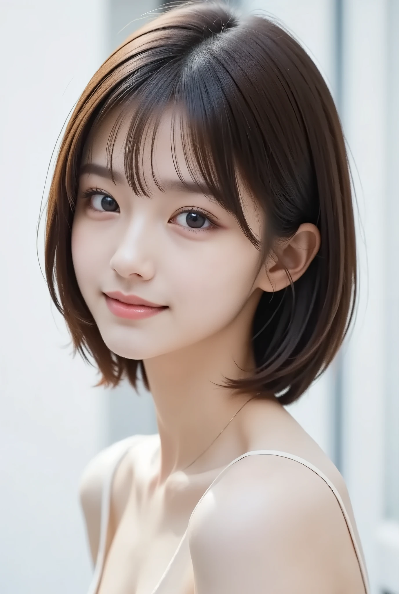 NSFW, (topless:1.7), super real photos ,Japanese middle school student (((Naked Women)))、 when beautiful women feel good about invisible stimuli, she is shy and attractive....、white background, cute,cute 가슴, close to face, nude, It's like dying if you keep storing urine for a long time, Very painful expression , sexually excited expression, sister, face