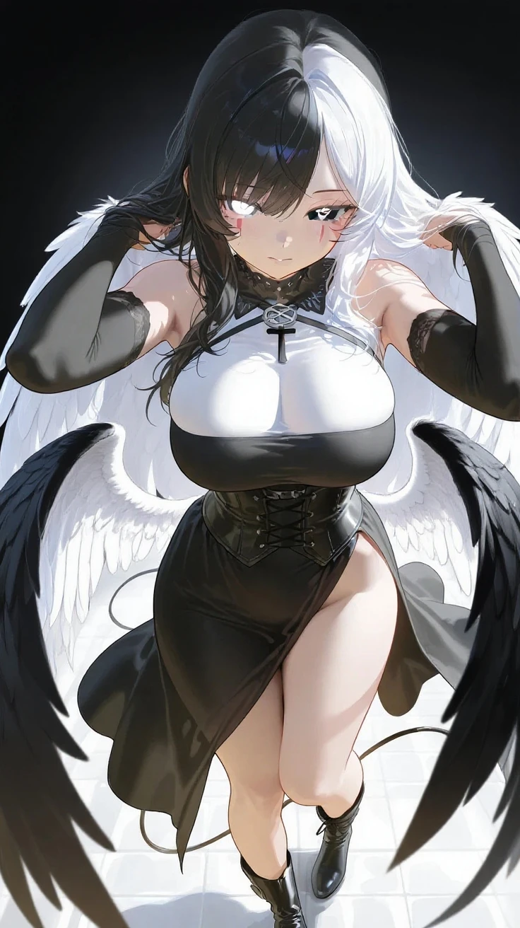 1girl, (huge breast:1.5), hands on own breast, breast focus,Breast kneading, solo, horns, long hair, albedo (overlord), wings, large breasts, dress, hip vent, black wings, white gloves, gloves, looking at viewer, black hair, white dress, bare shoulders, hair between eyes, yellow eyes, feathered wings, demon horns, smile, feathers, demon girl, cleavage, slit pupils, detached collar, bangs, very long hair, closed mouth, black feathers, cowboy shot, covered navel, elbow gloves, white horns, standing, demon wings ,