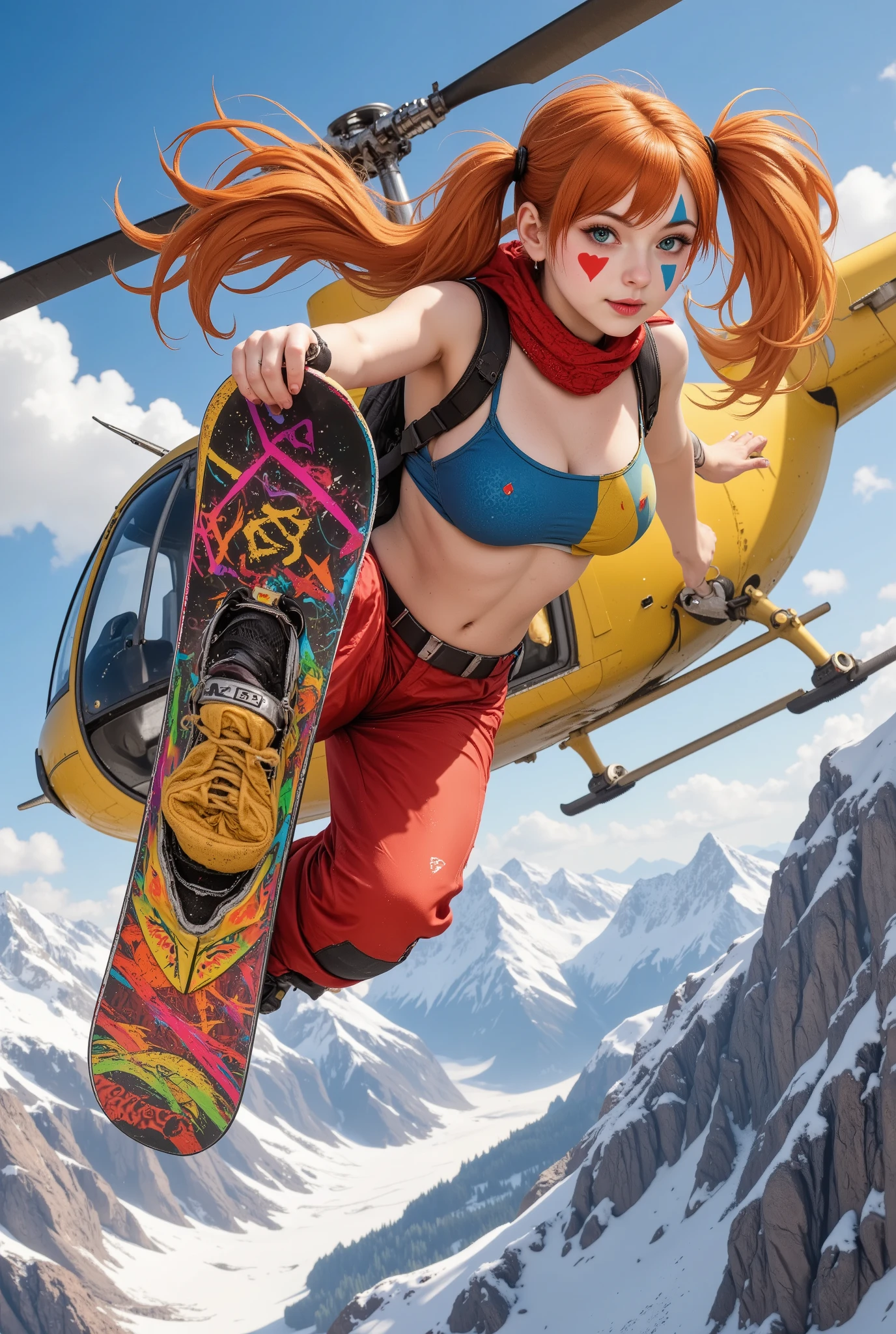 A dynamic, cinematic scene of a stylish young female snowboarder
(clown-inspired makeup with small red heart on right cheek, blue diamond on left cheek, vivid orange-red twin-tail hair),
wearing a red & blue bikini top, hip-hop style snow pants, snowboard boots strapped into a snowboard, and a black tactical backpack.
She is leaping out of a hovering helicopter with its side door wide open high above snowy mountain peaks,
wind blowing through her hair, scarf fluttering wildly.
The snowboard glows with neon cyber patterns, leaving a bright neon light trail.
Camera angle: dramatic low-angle wide shot, capturing the open helicopter above and the vast snowy mountain range below.
Add cinematic lighting, lens flare, snow particles, motion blur, and intense action energy.