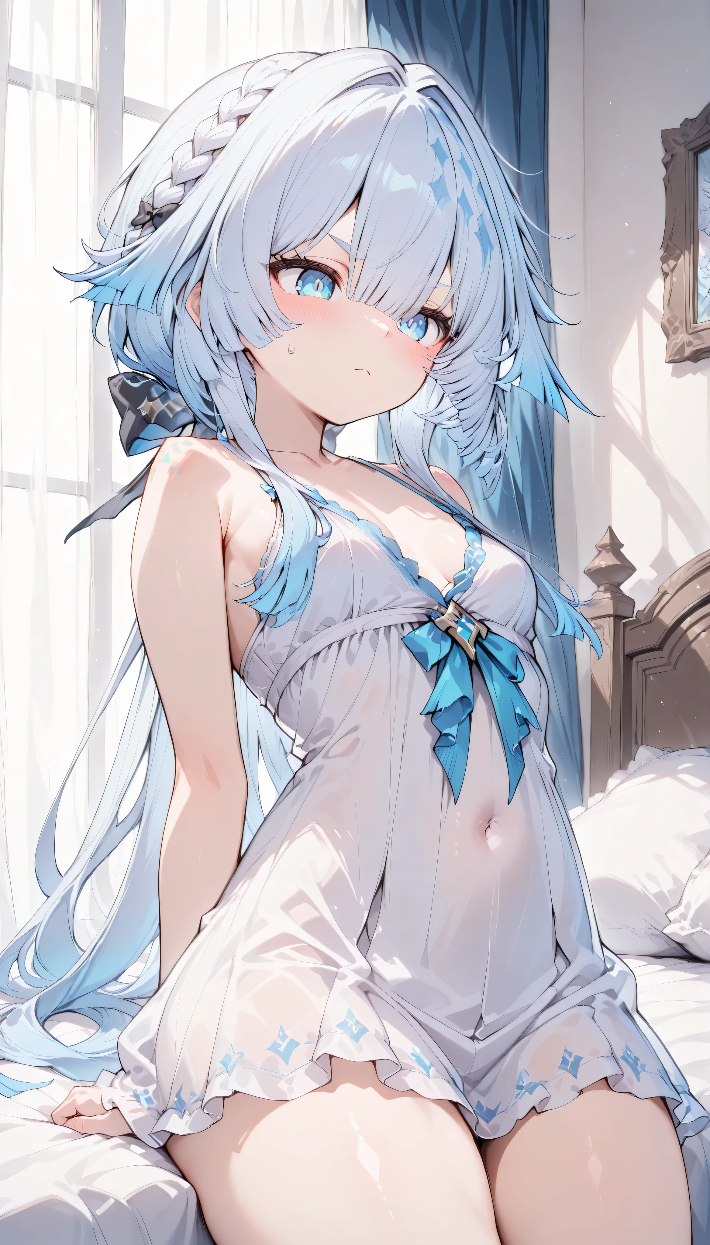 cerydra, blue eyes, bangs, light blue hair, braid, white hair, gradient hair,hair bow, hair ornament, long hair, multicolored hair, low ponytail, short hair with long locks, sidelocks, small breasts, loli,　solo, I can see my eyebrows from the inside of my hair, hair between eyes,　 is embarrassing, masterpiece, Best Quality, very aesthetic, thick thighs, Wide pelvis, white nightgown, white negligee, white babydoll, indoor, bed,