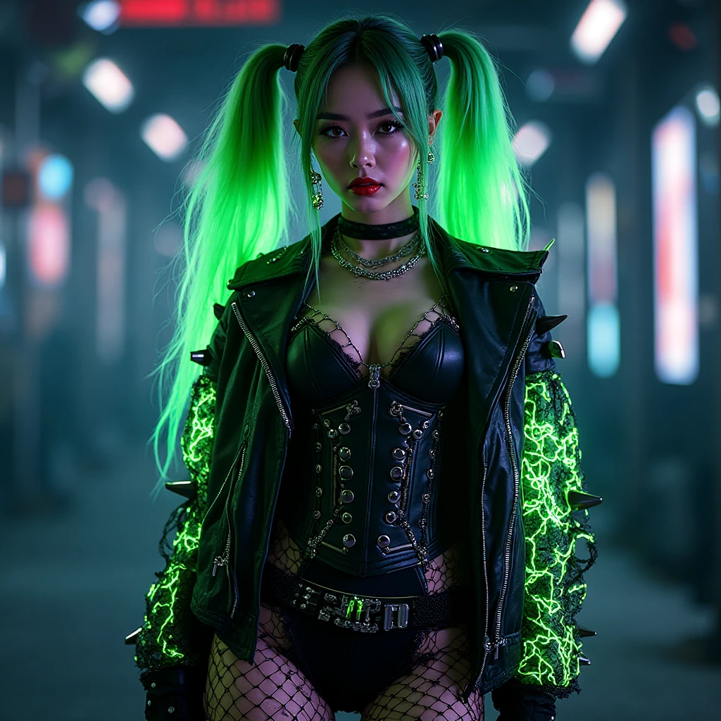 a beautiful young girl, cybergoth style, sensual pose, party outfit, detailed facial features, intricate makeup, neon lights,   glowing neon accents, cinematic lighting, hyper-realistic, 8k, full body, photorealistic, masterpiece, award-winning digital art