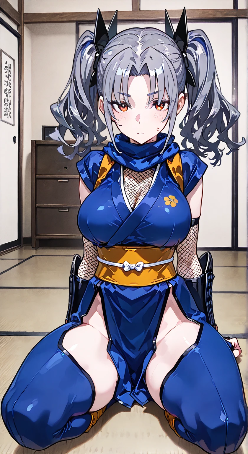 score_9, score_8_up, source_anime, 1girl, solo,The photo features a woman standing in traditional decorations. She is wearing traditional attire consisting of a light blue kebaya with lace trim and a long blue skirt with batik or songket patterns. The woman is also wearing white high-heeled sandals, and there is a frangipani flower tucked behind her left ear. The surrounding environment has ornate decorations, likely from Bali or Java. , (bound wirsts), (arms behind back), (tapegag, tape gag), dramatic, (looking at viewer), (detailed pupils:1.3),pencil skirt ,red rope, thick rope,big breast, colored tips white hair, blue hair,(bound with an excessive amount of ropes)