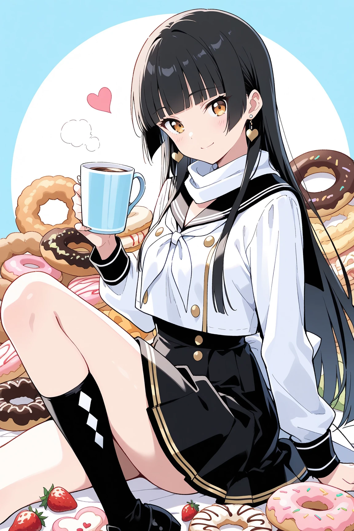 in container, 1girl, solo,
pantyhose, long hair, white pantyhose, red eyes, skirt, school uniform, black hair, no shoes, animal ears, white background, blue skirt, simple background, serafuku, bangs, white sailor collar, rabbit ears,sailor collar, long sleeves, blue serafuku, fake animal ears, blue shirt, shirt, neckerchief, green neckerchief,
full body, sitting ,(teacup:1),in teacup,looking at viewer,