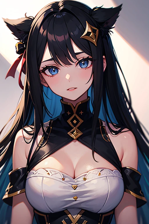 best quality, ultra-detailed, best shadow, dynamic angle, high contrast, (1girl, solo), fox ears, smile, (blush), (beautiful detailed face, beautiful detailed eyes), large breasts, midriff, (streaked hair, hair between eyes), long hair, lace dress, jewel, crystal