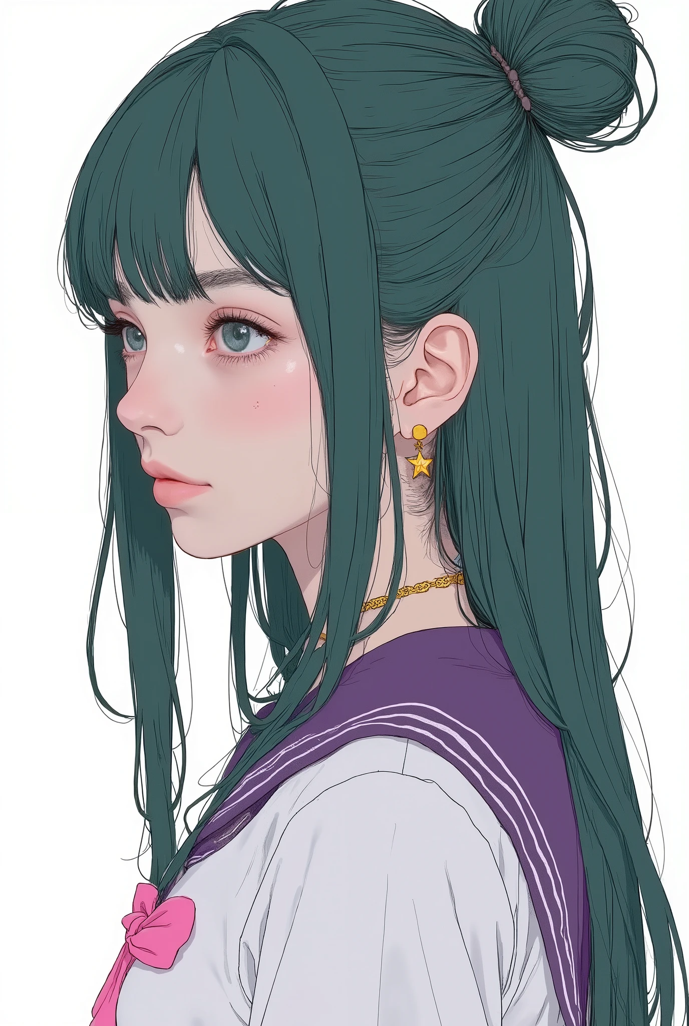 straight long hair with bun、dark green dark hair, I'm wearing a white sailor-style top with a purple collar and pink emblem, gold heart necklace , Star-shaped dangling earrings, Profile Pose, SMOOTH SKIN, Studio Lighting with Soft Shadows, bright bang framing around her face、sailor moon、