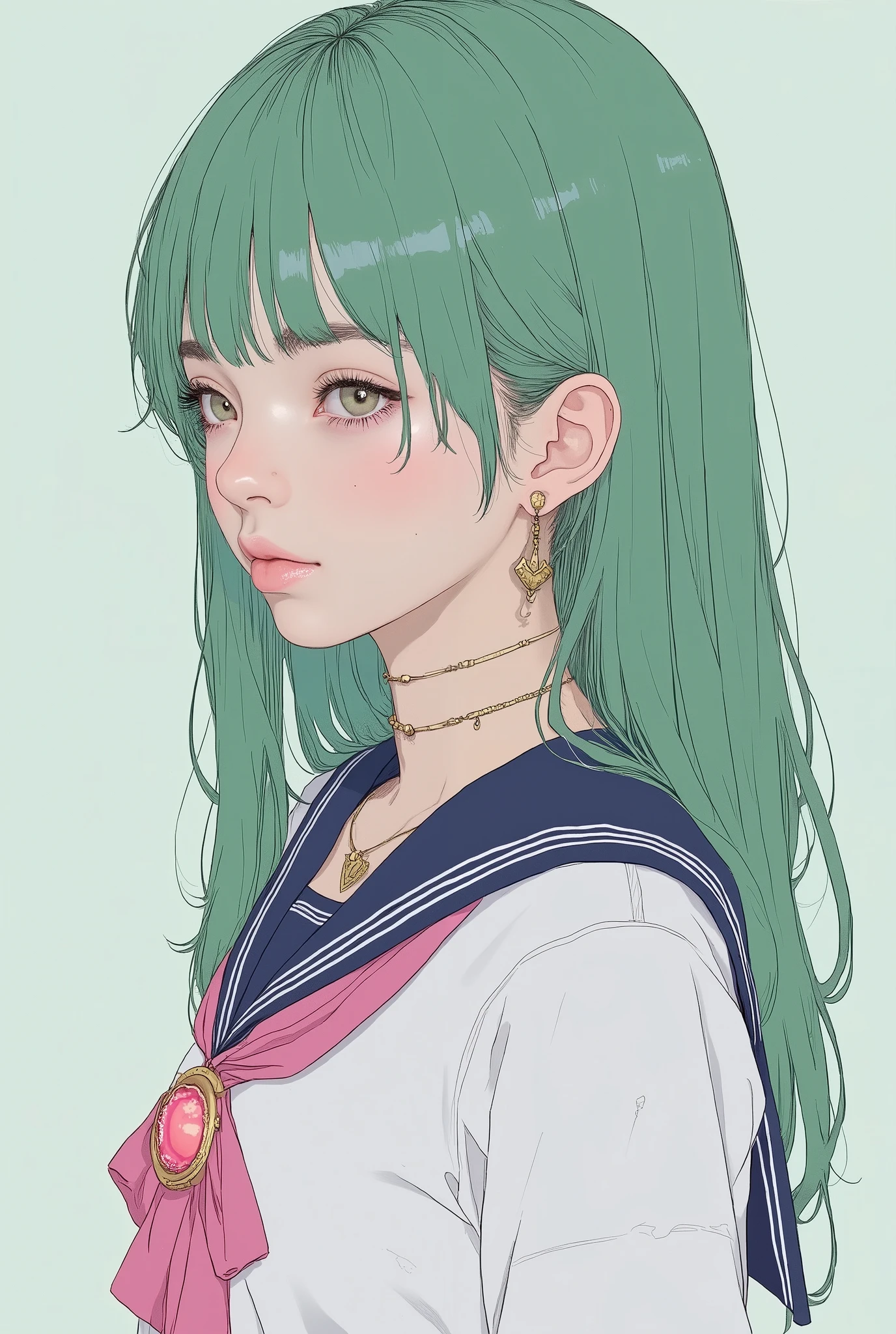 ボリュームのあるウェーブロングperm hair、perm hair、green hair, I'm wearing a white sailor style top with a navy blue collar and pink emblem, gold heart necklace , Star-shaped dangling earrings, Profile Pose, SMOOTH SKIN, Studio Lighting with Soft Shadows, bright bang framing around her face、sailor moon、