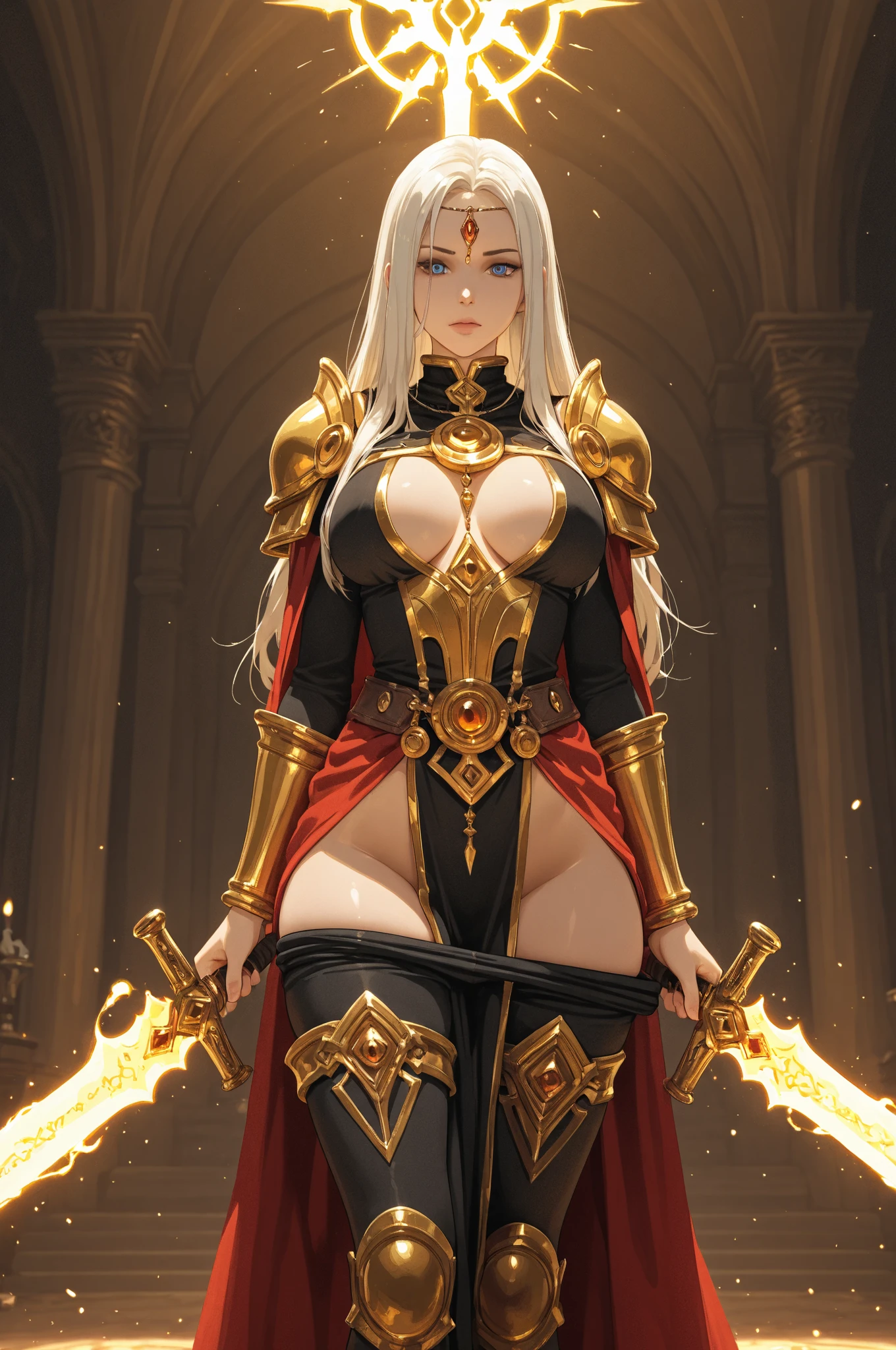 Blonde haired woman with braids, (Armadura nordica decotada dourada). Golden armor with glossy chrome black with sharp reflections. Pedras preciosas. ombros nus. (tiara). Low muscle definition. Pernas lindas. Ombros nus visiveis. Detailed lighting. artistic work. Beleza extrema. Roupa com efeito de gradiente colorido intenso. Professional image with high saturation. Camera profissional. illustration. cores vibrantes. olhos amarelos vibrantes, manto, capa de pelo, olhos dourados brilhantes, simetria, olhar intenso, detalhes pretos nas roupas, aura dourada, fogo