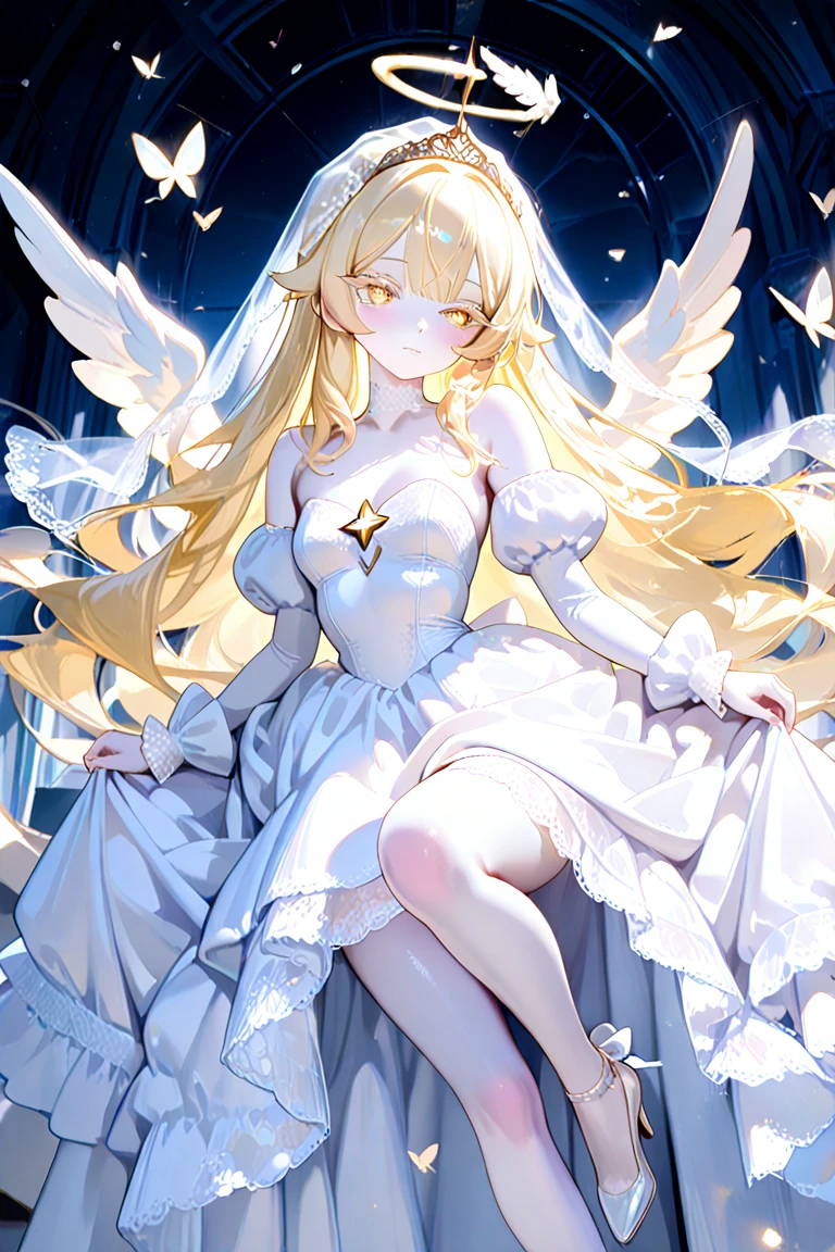 solo, gold hair, long hair, white Veil, pretty, saint, Off-shoulder top, b cup breasts, white skirt, white panties, blue eyes, detail eyes, happy, smile, anime, white thigh-highs, blue shoes, ((Best Quality)), ((Masterpiece Work)), (Detailed), fullbody, loraeyes, soft lighting, volumetric lighting, intricate details, finely detailed, anime, bloom, ambient occlusion, glow, glowing lights, light particles, transparent, depth of field,