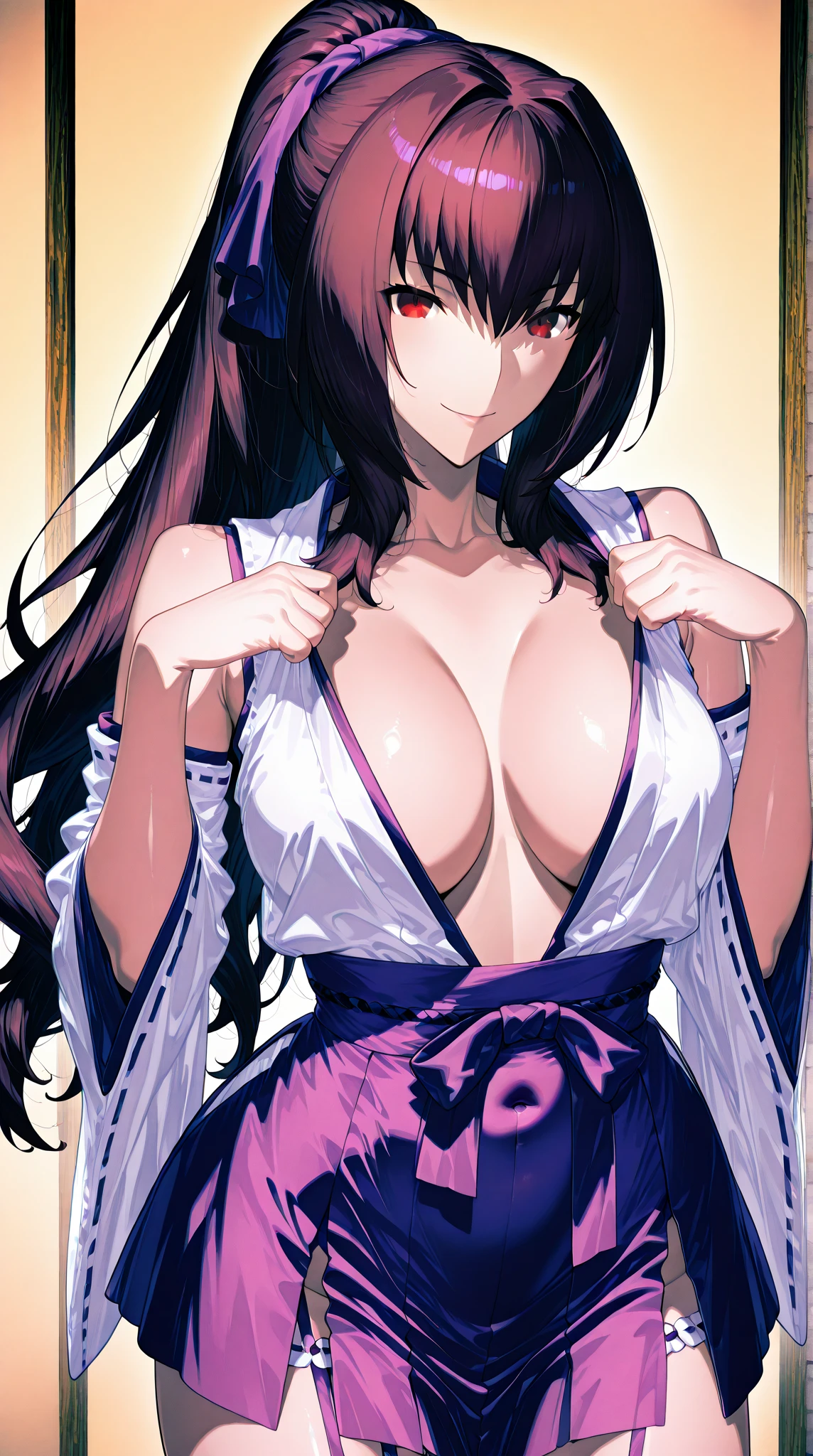 1girl, masterpice, high quality, best quality, good body, 5fingers, good hands and fingers, official art, (8k), (pixiv), (solo), dynamic angle, classroom,(sculpted body) , big breasts, (blush), konoe_yuuko, very long hair, <lora:konoe_yuuko-08:0.9>, red eyes, purple hair, night, maid, maid clothes