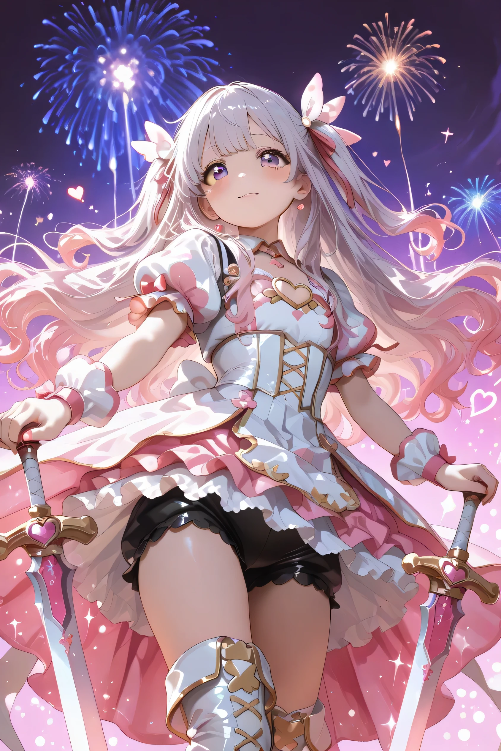 ((Magical Girl's Sword Stance Pose)):2.0, ((Light Purple Gradient Hair)):1.5, ((elegant hair)):1.5, ((cute face)):1.5, ((short stature, down age, kawaii)):1.6, 【Poses and Positions】 ((Fantasy Sword)):1.1, ((Fighting Preparation Pose)):1.9, ((dreamy atmosphere {x} Rainbow-colored magic circle released from like a star sword)):1.5,
((beautiful shining eyes, slightly smile, dynamic pose)):1.6, 【Magical Girl Outfit】 ((iridescent magic dress)):1.8,
((Fluffy Mini Skirt)):1.7, ((cute black shorts)):1.5, ((puff sleeve)):1.6, ((Chest Ornament)):1.5,
((lace trim)):1.4, ((ribbon decoration)):1.4, ((Above Knee Boots with Sparkling Embellishments)):2.0, // addition
((Pearl White Long Boots)):1.9, // addition 【Magical weapons】
((Guard adorned with magical jewels)):2.0,
((A blade is like a firework stick)):1.6, ((Heart and Ribbon Ornaments)):1.8, ((Sparkling Magical Light)):1.6, 【magic effects】 ((pink and white sparkle)):1.6, ((Swirling Magical Light)):1.7, ((Floating Heart Trails)):1.6, ((Magical Vortex Centered on Swords)):1.7, 【Background and Atmosphere】 ((Magical Girl Stage)):1.8, ((pink gradation purple sky)):1.7, ((Floating magic Dream)):1.6,
((Magical Team Decorating Battle Scenes)):1.7,
((Dusk Light)):1.5, 【Light effects】 ((Magical Girl Aura)):1.6, ((Rainbow Shining from cute swords)):1.6,
