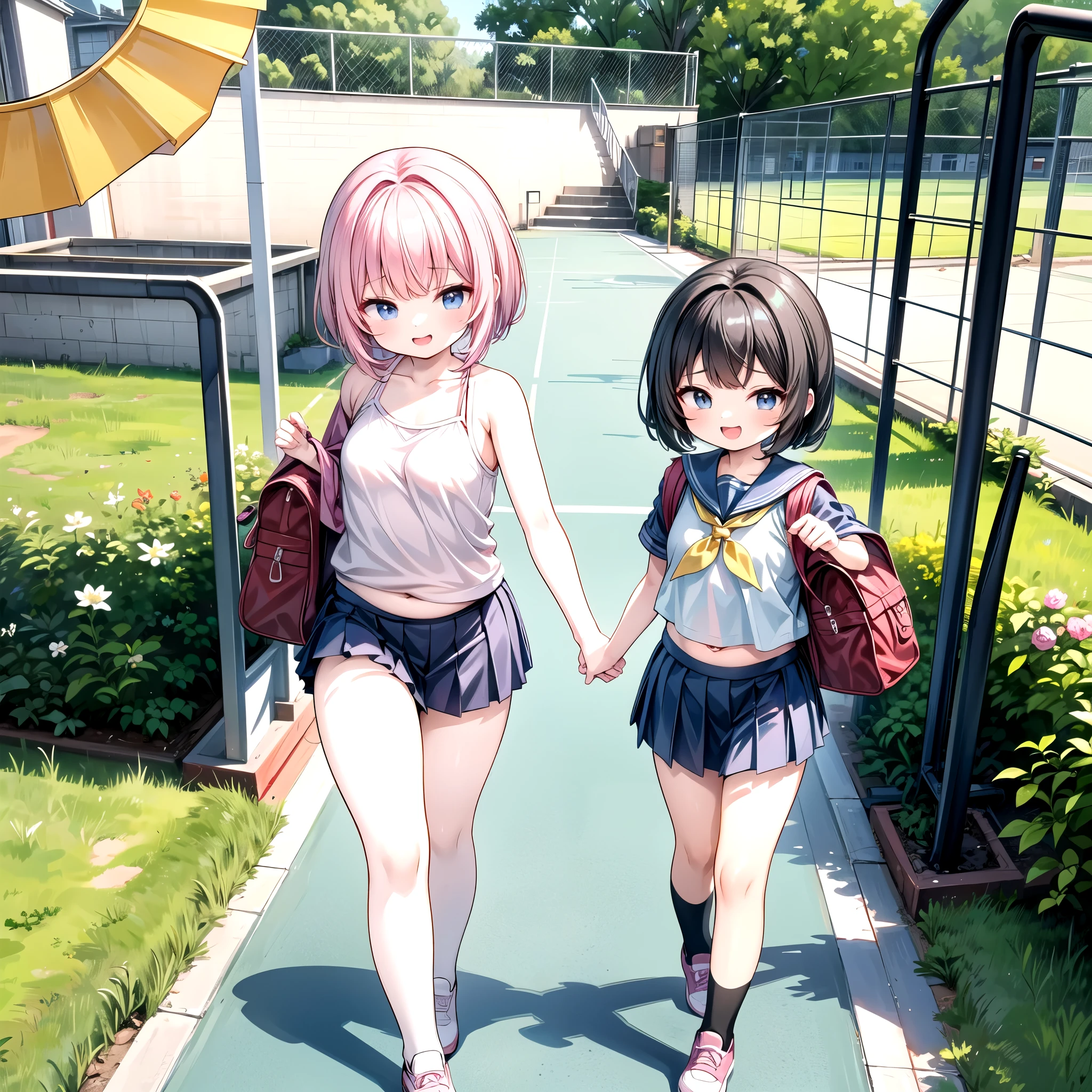 two women, two womenは対称になる,is short,Carrying a school bag,belly button visible,camisole,Miniskirt,bad smile,Laugh like you look down on people,have thick legs,standing, the sun shines ,school playground to run competitively,Photograph from below,female kid,