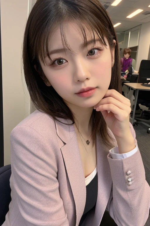 ((Best of the highest quality, 8k, Masterpiece, raw photo: 1.3)), Sharp focus: 1.2, (1 AESPA, slim body type female, 21 y/o: 1.1), (Solo: 1.2), (realistic, photo-realistic:1.37), face focus, cute face, finely eyes, (droopy eyes: 1.32), (Emphasize prominent aegyo-sal with bright: 1.2), shimmering eyeshadow applied under the lower lash line, paired with thick, (small breasts, flat chest: 1.3), (short messy hair, bangs: 1.2), (business suit: 1.28), sitting terrace office, sun light, flower, arms up,