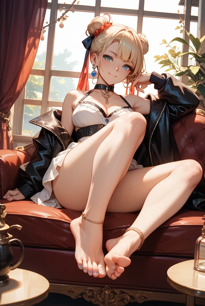 (top-quality,High resolution,(Ultra high definition,4K), (超A high resolution,in 8K),masutepiece:1.2), (Perfect Anatomy,Anatomically accurate), (Angle from below), (Soft lighting, 光线追踪), (1 Cute High School Girl), ((Sitting on a sofa in the lobby of a luxury hotel and opening your legs)), (Girls' High School Sailor Uniform), (Red lace panties), (fascinated expression), (Crisp double eyelids), (Large breasts:1.3), (Soft skin), (Photorealistic), (Glowing skin), (blondehair), (Pixie Cut)