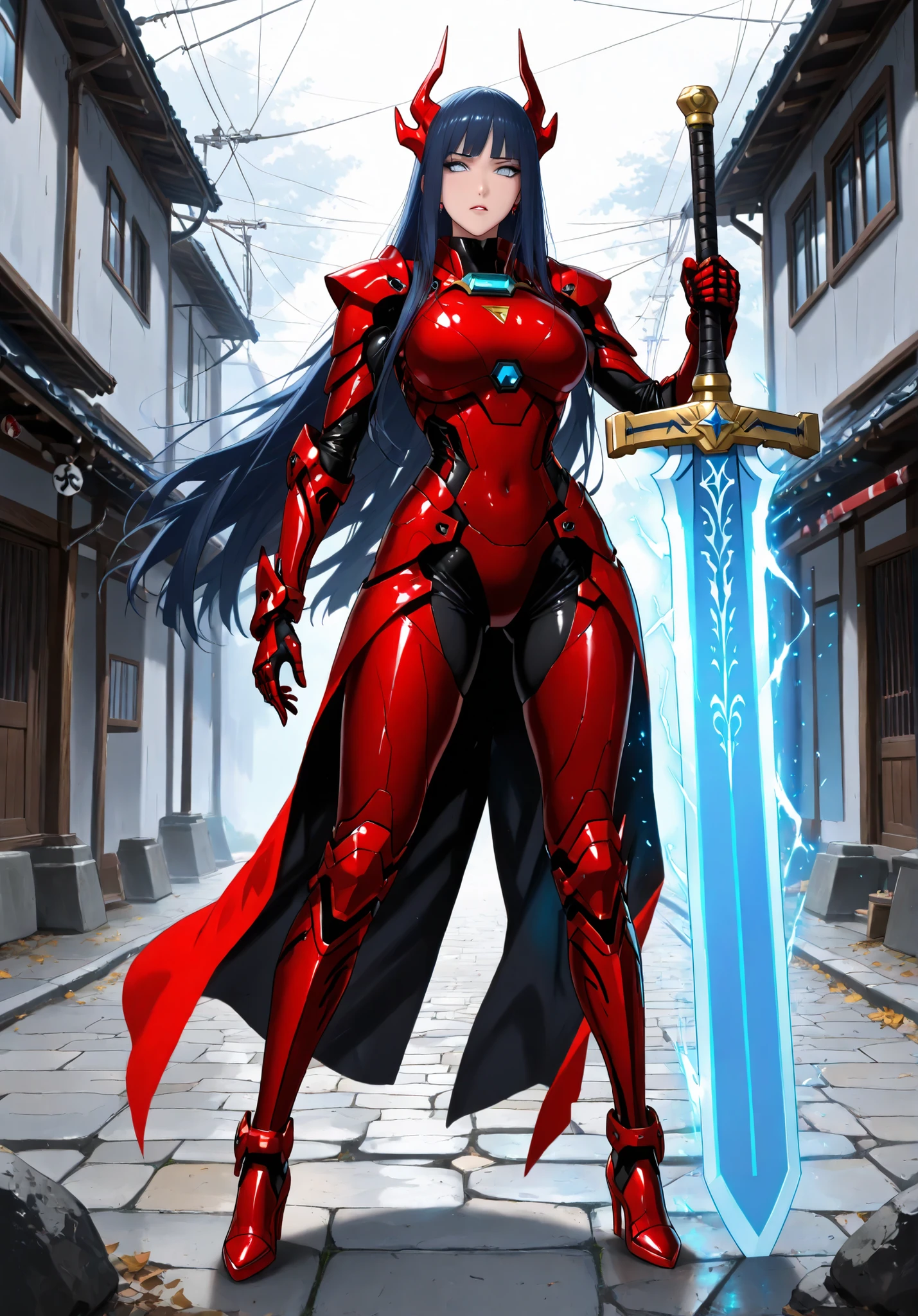 A resolute female cyborg with a mechanical dragon head arm, her expression tense and focused, clutching a giant Sacred Sword that dominates the composition, its enormous Giant  sword intricately etched with glowing cosmic runes that shimmer with a neon blue light, the hilt a fusion of ancient samurai craftsmanship and futuristic tech with glowing energy conduits running through it, casting a faint glow on her surroundings, Fraction_9_up, Fraction_8_up, Fraction_7_up, Fraction_6_up, Fraction_5_up, Fraction_4_up, source_ Japanese cartoons , , Tag 2, quality_masterpiece,  Anatomically correct ,  A BEAUTIFUL FACE ,  perfect face,  Very Detailed Beautiful Face and Eyes,   pretty face  ,  Detailed Facial,   Delicate Facial Features  ,   Detailed Skin ,  Large breasts, Wide hips,  Thick Legs, Sensual woman,  A sexy hot beautiful mature women. Red metal suit . Full Body Metal suit. Big metal Wing, Hyūga_Hinata's/Boruto, Dark Blue Hair, White eyes, Hime-Cut Long Hair, Slashing forward Of Sword, ((Large Sacred Greatsword : 1.4))