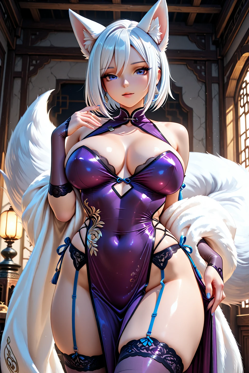(ultra realistic,32k, masterpiece:1.2),(high detailed skin:1.1),( high quality:1.1),
<lora:LoRA_Kearsarge:0.7>KearsargeBunnyDef, (purple eyes:0.8), symbol-shaped pupils, ponytail, white hair, streaked hair, multicolored hair, long hair, breasts, aqua hair, bangs, hair ornament, hair intakes, hair between eyes, very long hair, star hair ornament,gloves, animal ears, cleavage, bare shoulders, tail, pantyhose, thighs, multicolored hair, detached sleeves, necktie, elbow gloves, white gloves, rabbit ears, leotard, black pantyhose, strapless, covered navel, skindentation, thigh strap, detached collar, fake animal ears, highleg, playboy bunny, between breasts, rabbit tail, fishnets, highleg leotard, strapless leotard, white leotard, fake tail, fishnet pantyhose, purple leotard, purple necktie , <lora:add_detail:0.75>,(huge breast:0.9),(looking at viewer, sitting, crossed legs:1.1),,
,(golden hour:1.1), cliff, sheer drop, panoramic view, breathtaking