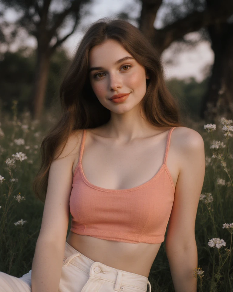 <lora:Allie Sherlock_LORA_a11s3:1> a11s3,, (32K resolution, masterpiece, ultra high quality, best quality, ultra high definition, perfect anatomy, Incredibly detailed, RAW, ultra super realistic, photorealistic, cinematic lighting, exquisitely detailed, extremely intricate, 8k UHD, high resolution), (1girl), cropped off-shoulder tank top, skirt, elegant hair, standing in the middle of a flower field, seductive smile, dynamic vivid colors