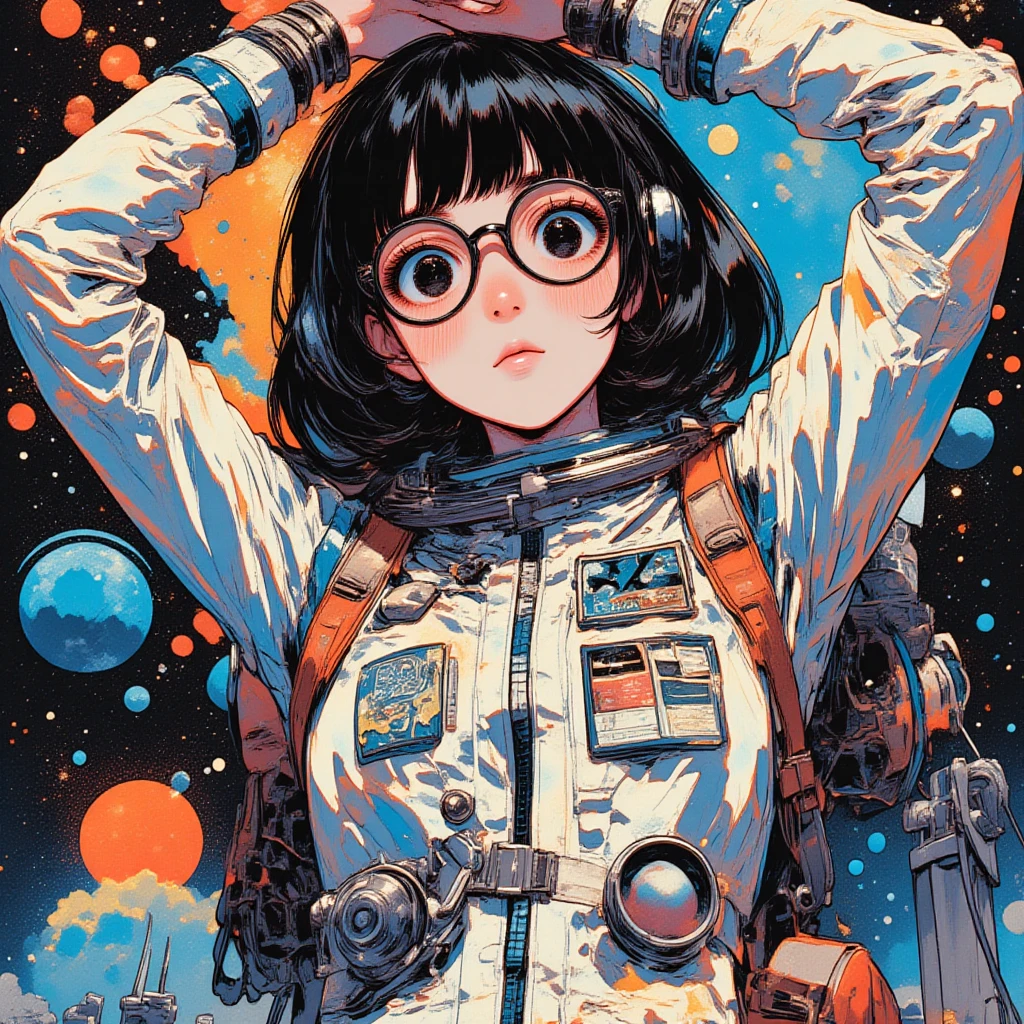 One girl, dark skin, Small , wears thick-framed glasses that accentuate his  features, Short black hair, Ponytail Silver Shirt, She is wearing another tight shirt underneath her shirt, Vibrant color details reminiscent of stars and planets in space, Blue skirt and high-top boots with non-slip soles,