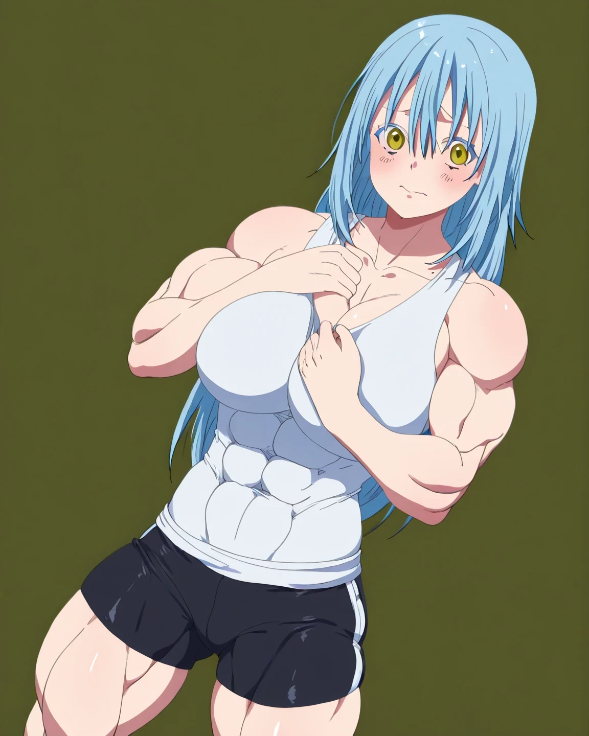 best quality, masterpiece, detailed, perfect face, NSFW, puffy nipples, breasts, Anime girl, shirtless, Abs, low waist, showing groin, midriff, v line, wearing boots, standing, not wearing shirt, bare skin, almost naked, white sweatpants, sweaty, blue hair