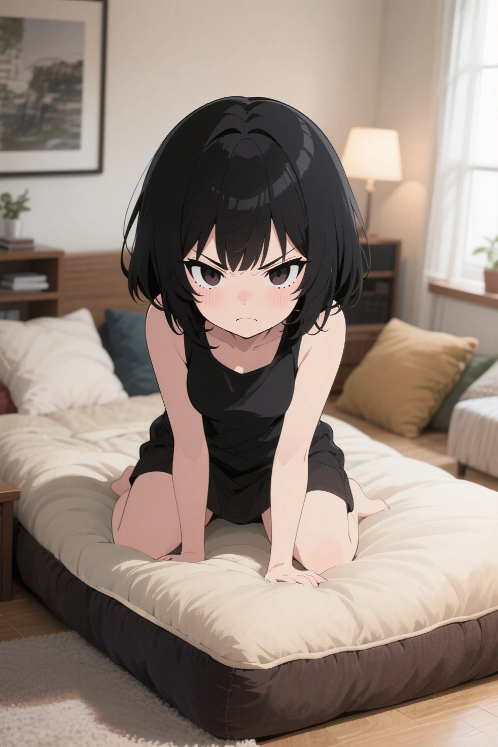 (masterpiece), (best quality), (ultra-detailed), very aesthetic, perfect composition, intricate details, absurdres, detailed face, (anime, masterpiece, intricate:1.3), (best quality, hires textures, high detail:1.2), zashiki-warashi, jet black bob haircut, kimono, expressionless, childhood, (thigh), looking_at_viewer, blush, open_mouth, bangs, navel, hetero, lying, one_eye_closed, teeth, solo_focus, tongue, tears, on_back, armpits, clothes_lift, arms_up, bottomless, bed_sheet, pov, shirt_lift, trembling, camisole, tearing_up, (1boy, out-of-frame_censoring, implied_sex, tickling), shiny skin, (adult,panties,thigh)
