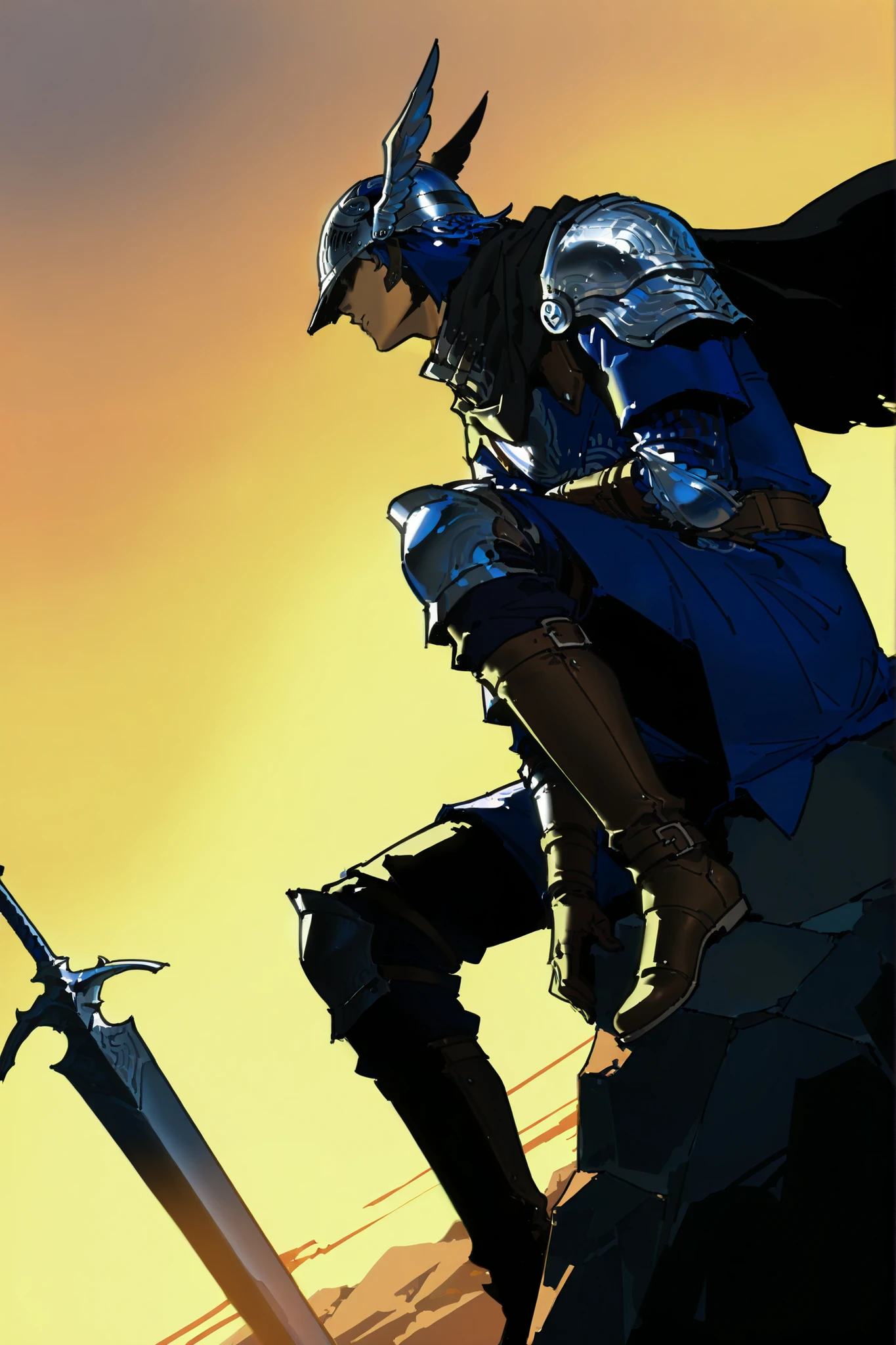 single, male, wylder (nightreign), wld, winged helmet, helm, pauldrons, shoulder armor, armor, full armor, cape, gauntlets, brown belt, weapon, greatsword, holding sword, sword planted in the ground , sitting on a rock, Sunset, complex sketch, dutch angle,