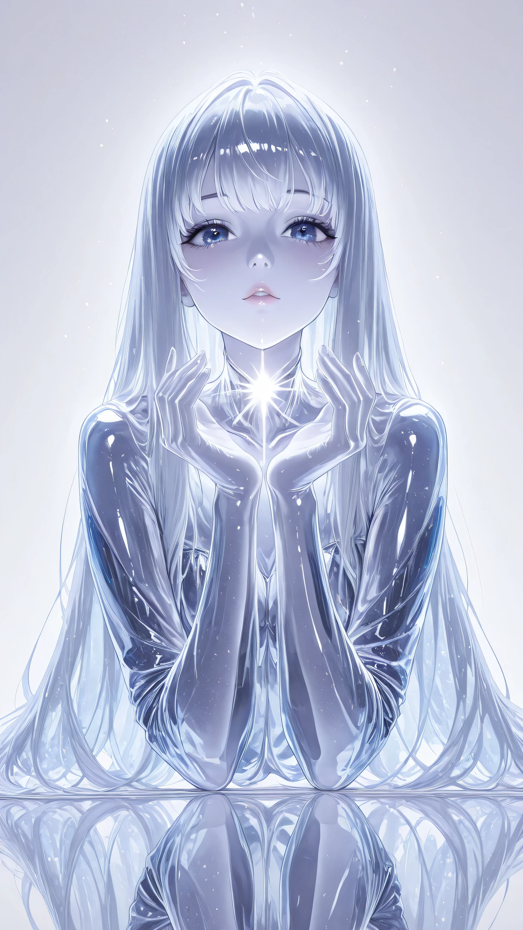 masterpiece, Highest Quality, 1girl、Glass Girl, long hair, Clear Skin, Beautiful World, cute, Thinning, reflection of light, clear texture, anime style, high resolution, Super Detailed、various poses