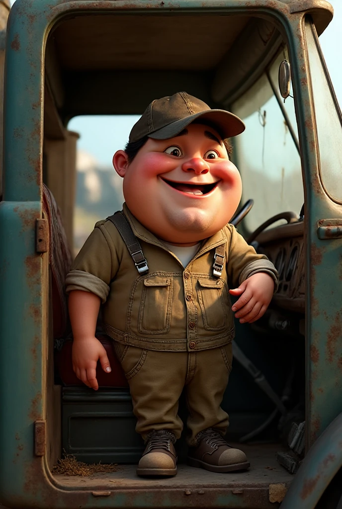 Im Stil von Pixar 3D-Animations-Filmen. Obese young man wearing dirty undershirt, Racing helmet on the head, an exhaust like a lance in one hand and a BMW steering wheel like a shield in the other. He stands in front of a rusty silver BMW E46 Compact. His face is angry.