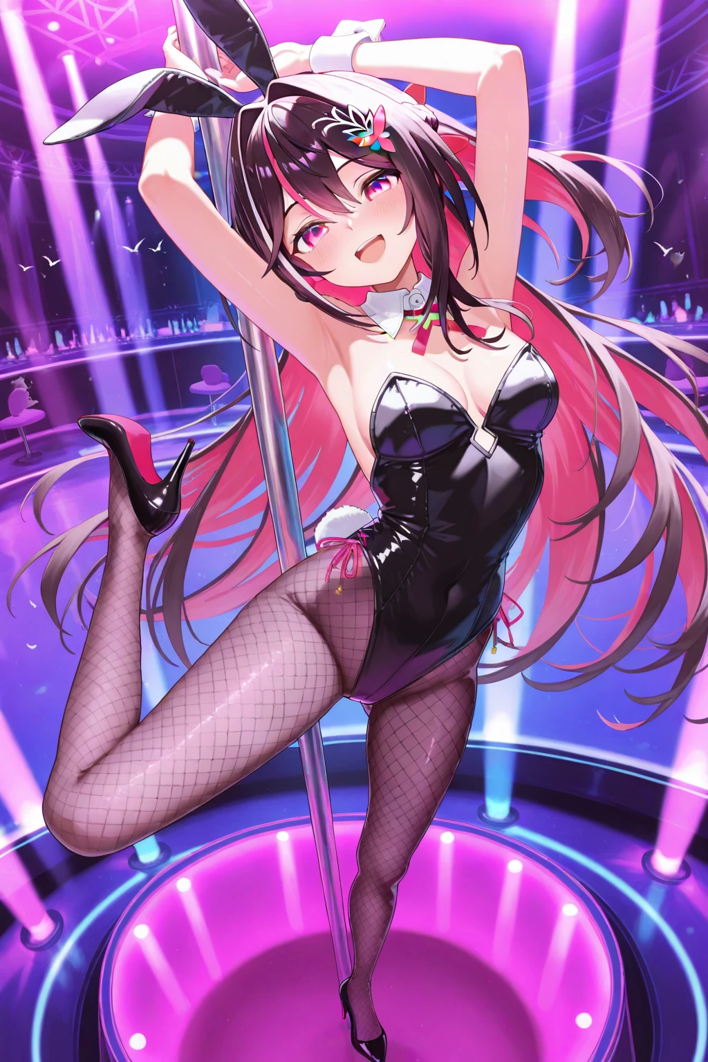 masterpiece, best quality, high quality, extremely detailed, very delicate and beautiful, (1 female 1 alone solo:1.5), (long black hair up to waist with two side up:1.5), bangs to eyebrows, eyes (eye color magenta: 1.3), 6.5 head height, (dynamic pose), the character is wearing an attractive bunny girl costume, the costume features a black leotard, rabbit ear catsuit, white cuffs and collar, and a small tail, knee socks, lace, ruffles, she is posing confidently and smiling slightly provocatively, the scene has a chic and stylish club or lounge-like atmosphere in the background, giving the overall scene a glamorous and sophisticated look.