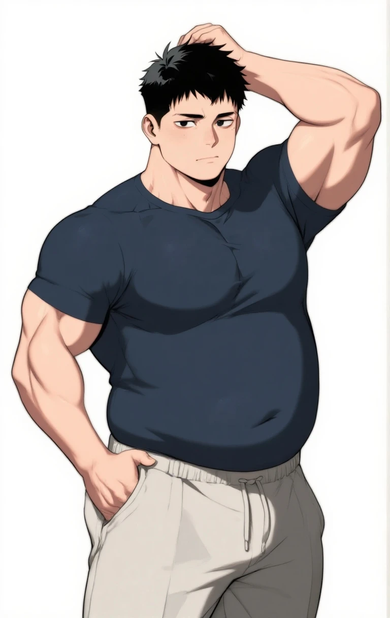 1man,masterpiece best quality, Chubby, Belly, Round face, from front, messy hair, nipples, Casual clothes, Simple white background