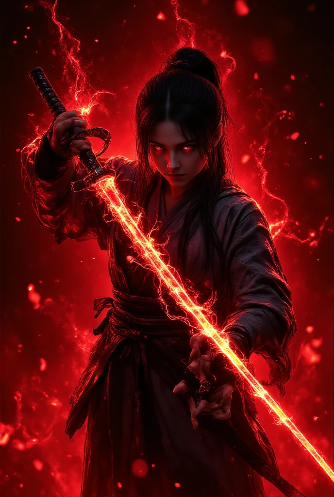 High quality, 4k, hd, black hair, female, holding a gun, glowing red eyes, white monk robe outfit, masterpiece, grim background, 1 girl, blood drenched clothes, steam coming out of eyes, elf ears, in hell background, all white gloves, angry 