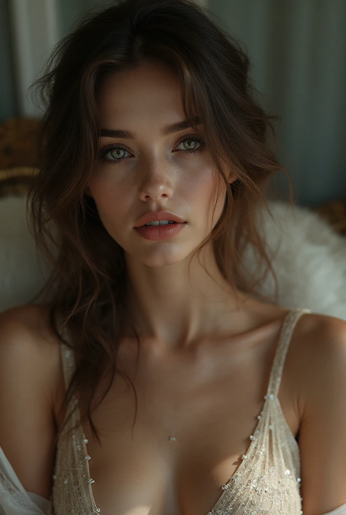 Best quality,ultra-detailed,photorealistic:1.37,UHD,professional,painting,HDR,realistic,portrait,Ukrainian beauty, gorgeous woman, exquisite facial features, sparkling blue eyes, porcelain skin, elegant pose, natural beauty, vibrant colors, soft lighting ,subtle shadows, feminine elegance, (Draped Side Updo With Hanging Curls hairs), black chemise , luxurious bed, soft lighting, vivid colors, professional photography, portraits, bokeh