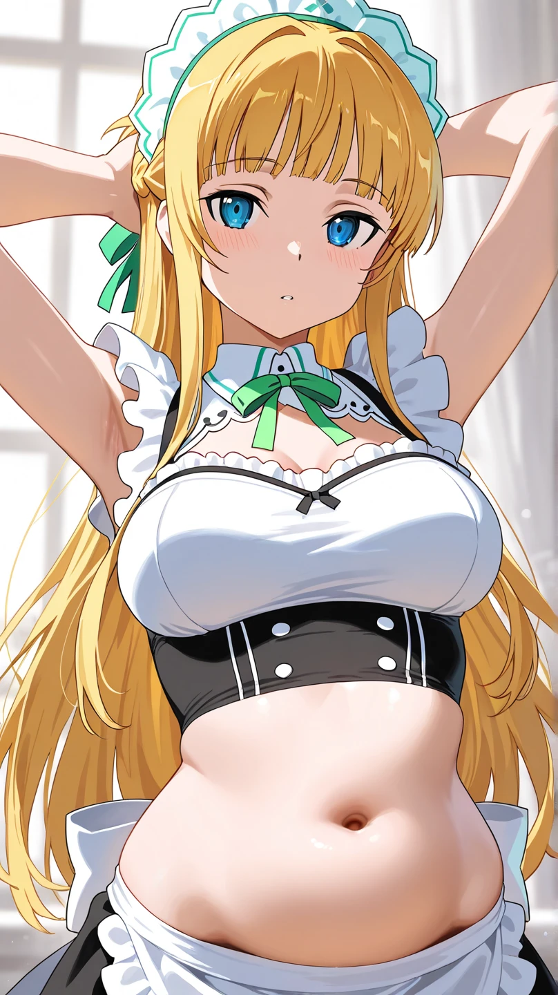 photo of a iom girl, (cowboy shot:1.2), (extremely detailed CG:1.1), (masterpiece:1.2), (best quality:1.2), (perfect details:1.2), highres, [[finely detailed eyes and detailed face]], (very delicate light:1.15), (detailed texture:1.15), (depth of field:1.2), lustrous skin, perfect face, colorful, beautiful hair, (cleavage:1.2),(blush:1.1), detailed background, dynamic angel, 1girl, apron, tall, black_dress, (blonde_hair:1.4), huge ass, asymmetrical bangs, hair behind ear, hair over one eyebrow, braided bangs, bow, bowtie, (elf:1.4), (dark skin:1.4), (arms up:1.2), (hands over head:1.3), detached_collar, frills, huge_breasts, very long_hair, looking_at_viewer, top view, (bikini:1.4), (maid:1.4), (maid_apron:1.2), (maid_headdress:1.2), pointy_ears, golden_eyes, (evil smile:1.4), solo, Extremely Delicate Pixiv 8K-Illustration, Best Quality, Hyper Detailed, Intricate Details, Sun Dogs Effect, Depth Of Field, Focus On Character,
