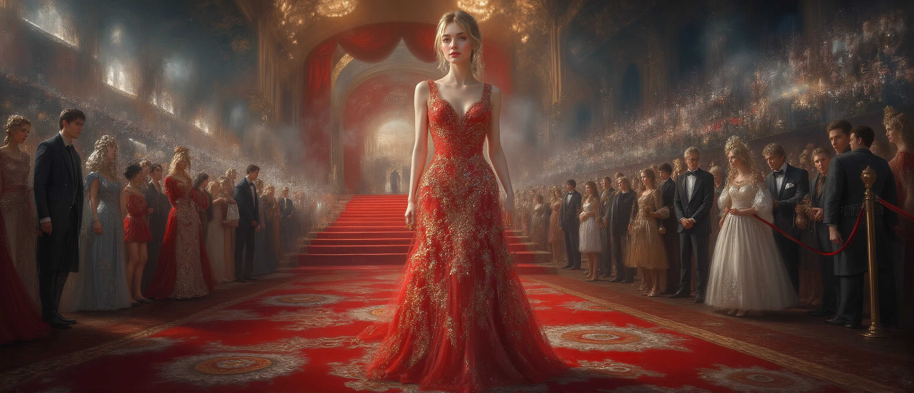 Epic oil painting, High quality, masterpiece、Highest quality、masterpiece, surreal、Full-length portrait of a girl, red carpet、A movie star we all know is walking the red carpet wearing a glamorous dress、カメラのフラッシュを浴びてred carpetを歩いている、close-up、detailed face、beautiful eyes
