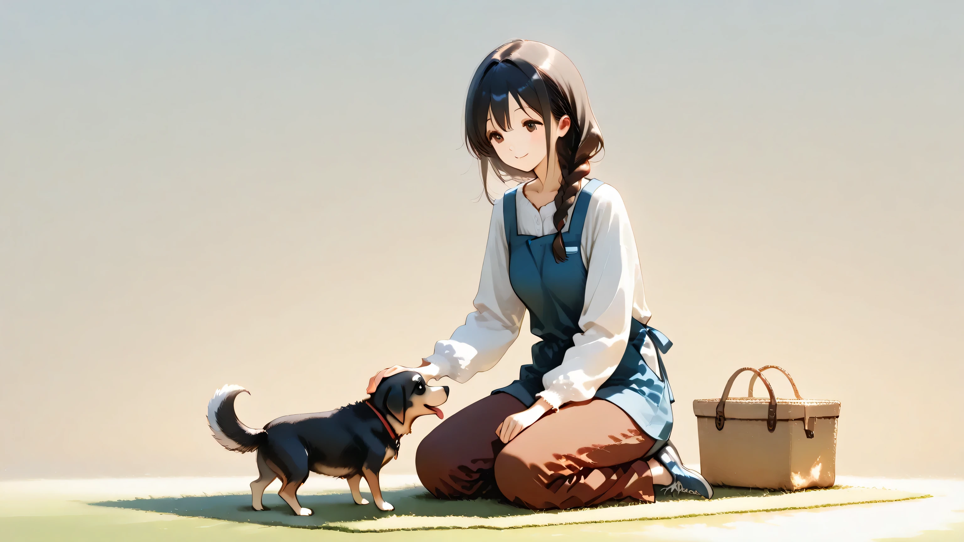 Mom and dog、crouch and cuddle