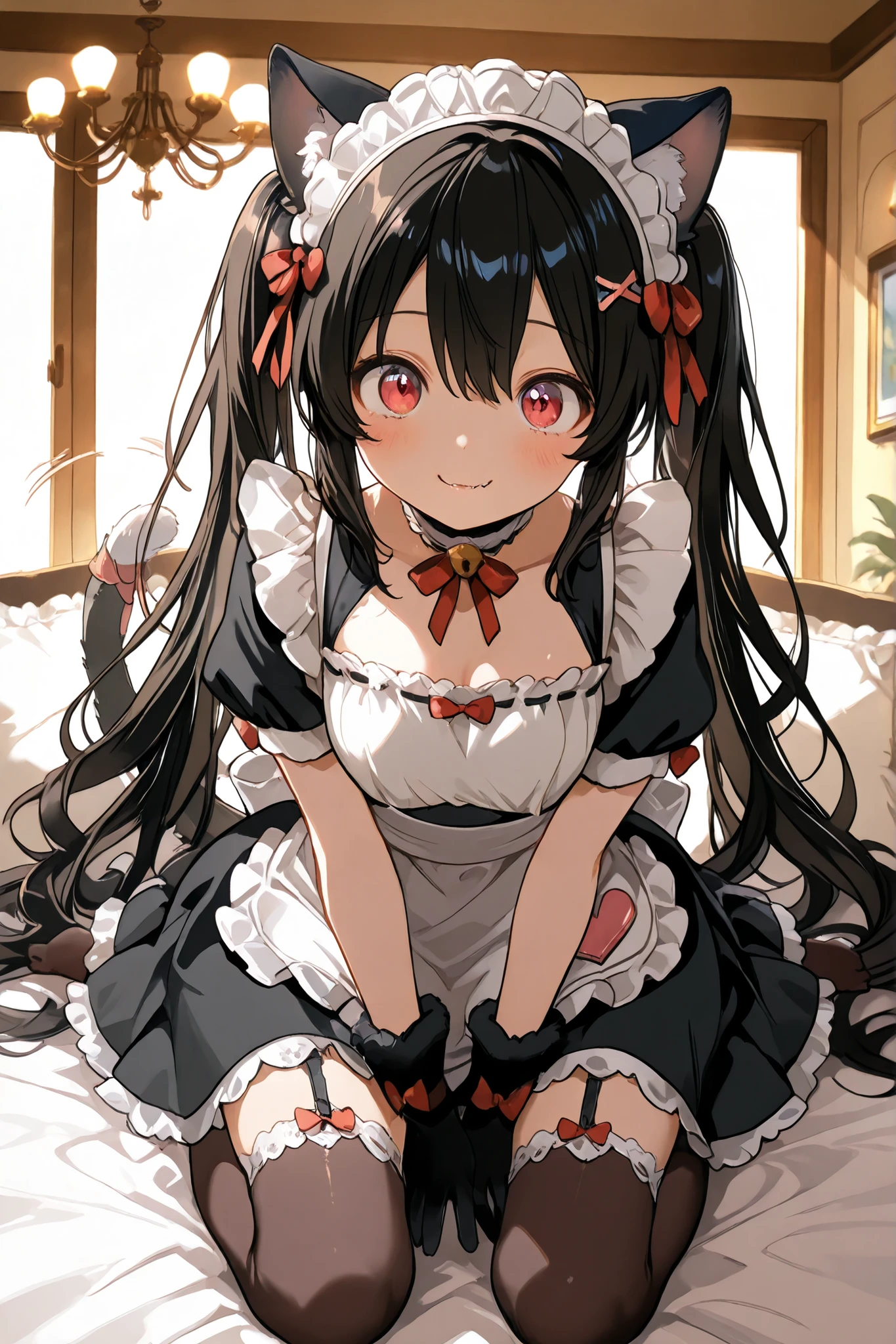 Highest Quality, masterpiece, ultimate resolution, cat ear maid, adorable expression, Sweet Gestures , Fascinated Eyes, Fluffy Cat Ears,swaying tail, fluffy glove paw, smile with small fangs, above, Moist eyes, maid clothes costume, Lots of frills, pure white apron, Lace Embellished , Miniskirt, Black Stockings, GARTER BELT, choker, black hair twin tails, ribbon decoration, long hair, Shiny hair, Hairstyle to match the cat ears, hair accessories, Gesture of Being Sweet to Her Master, pose where hands are layered in front, Tail wagging motion, bow and frill details, playful expression, pink cheeks, Glossy Lips, long lashes, white skin, Slender Hands and Feet, With a Flexible Body, how to turn your neck like a cat {x} fluffy maid skirt, Fine lace embellishment, bow and frill details, clean atmosphere, cute gesture, A cat-like gesture, charming expression, Spoiled Personality , Submissive atmosphere, maid cafe style interior, Antique Furniture, chandelier, Warm indoor lighting, gentle atmosphere