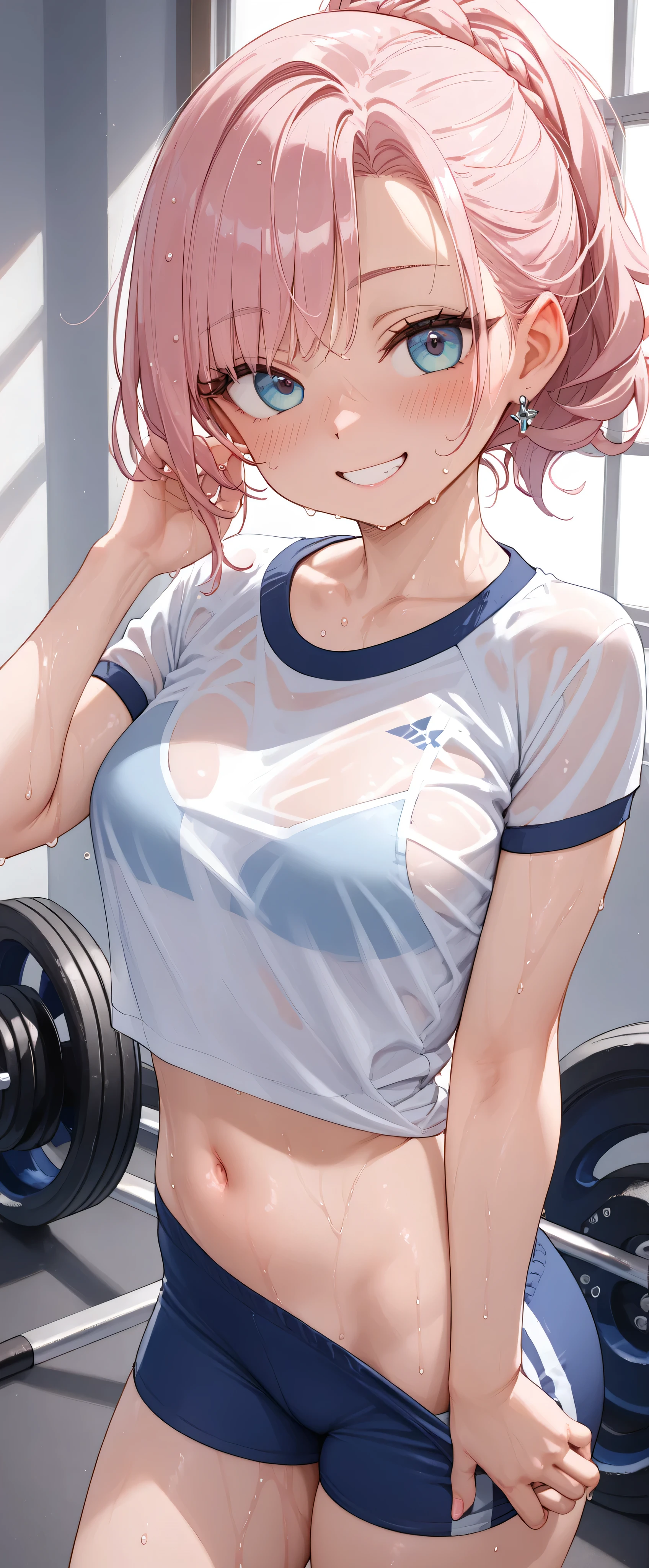 high resolution, Adult Female , Good Lighting, Despicable, , (I haven't taken off my clothes), (((Gym Clothes,))), , Abdominal area only, (), , cute face, I' m I'm so embarrassed that I blush, Smile Yan, ((wet with sweat)), ((Clear))(is stuffy)()