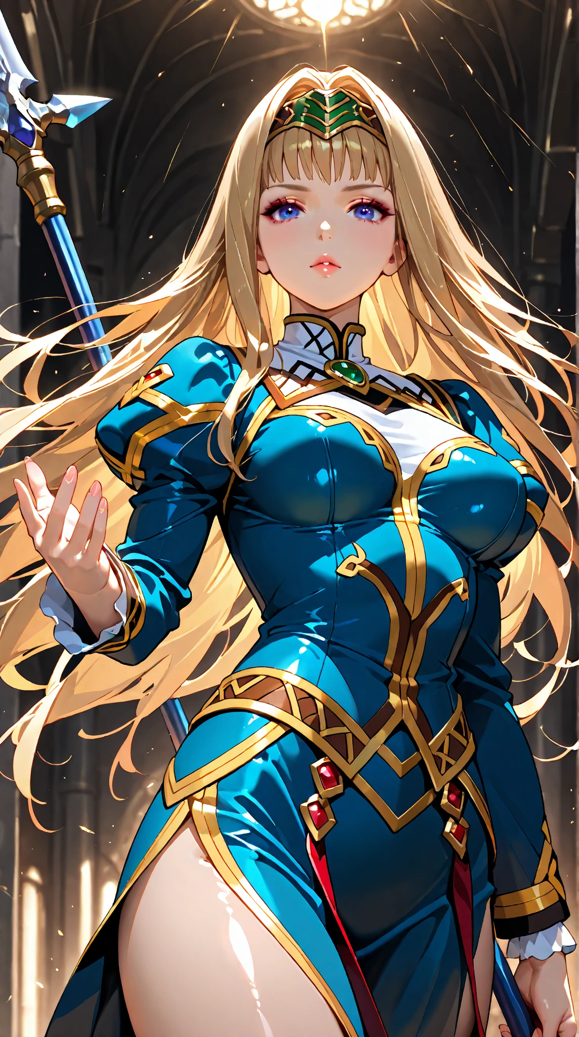 Cover magazine, woman, solo, long hair, blonde hair, blue eyes, beautiful, half body potrait, fantasy, ice. Vegetation. Eroge expression. 