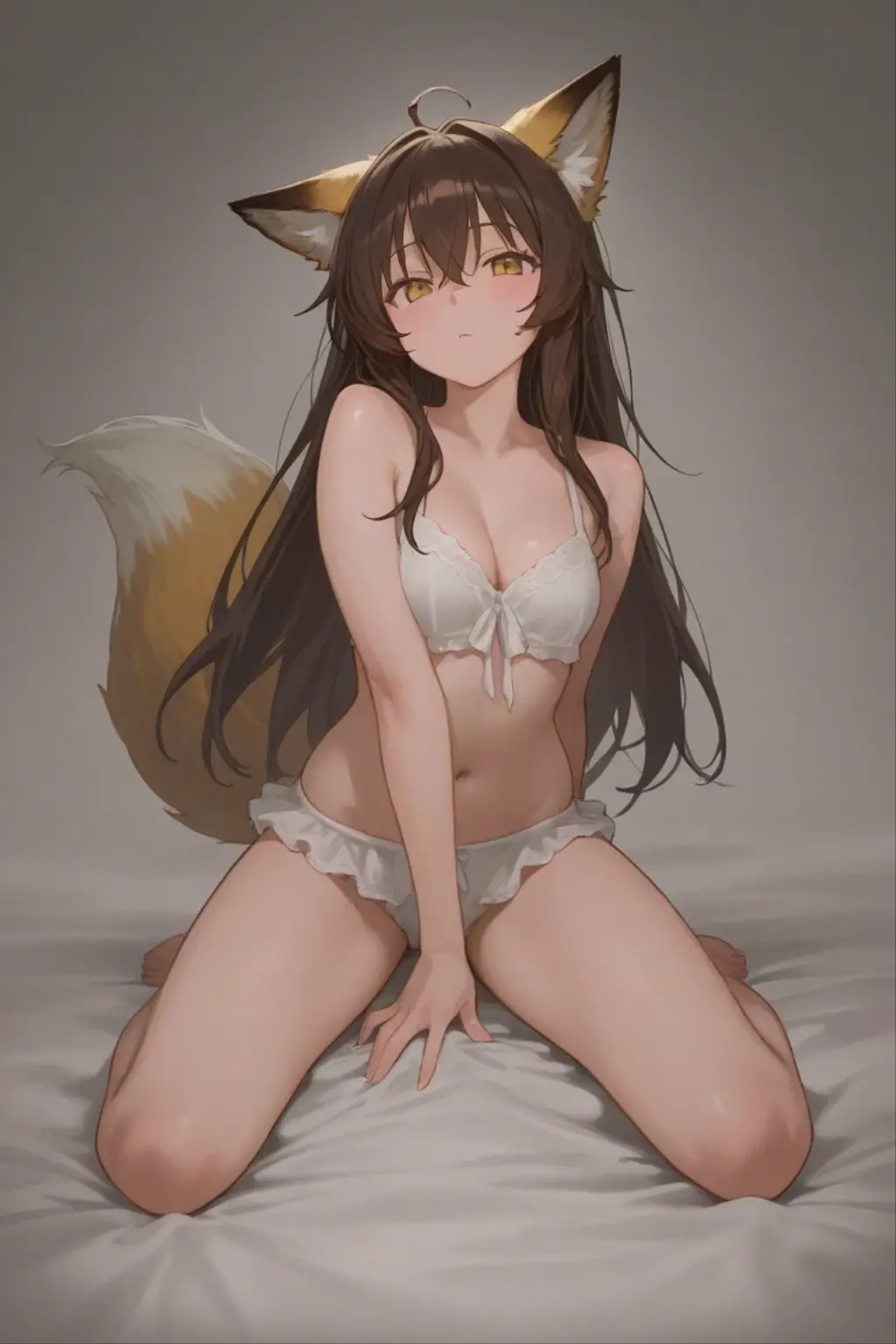 nsfw, best quality, masterpiece, highres, solo, {lying on bed:1.10}, {extremely detailed background:1.20}, {nude:1.40}, {spread legs:1.10}, {arms up:1.10}, mature, {akagi_azurlane:1.15}, animal_ears, long_hair, fox_ears, red_eyes, brown_hair, breasts, bangs, large_breasts, tail, fox_tail, multiple_tails, smile, cleavage, fox_girl, animal_ear_fluff, nipples, {pussy:1.15}, {pussy juice:1.30}, looking at viewer, {embarrassed:1.10}, endured face, feet out of frame