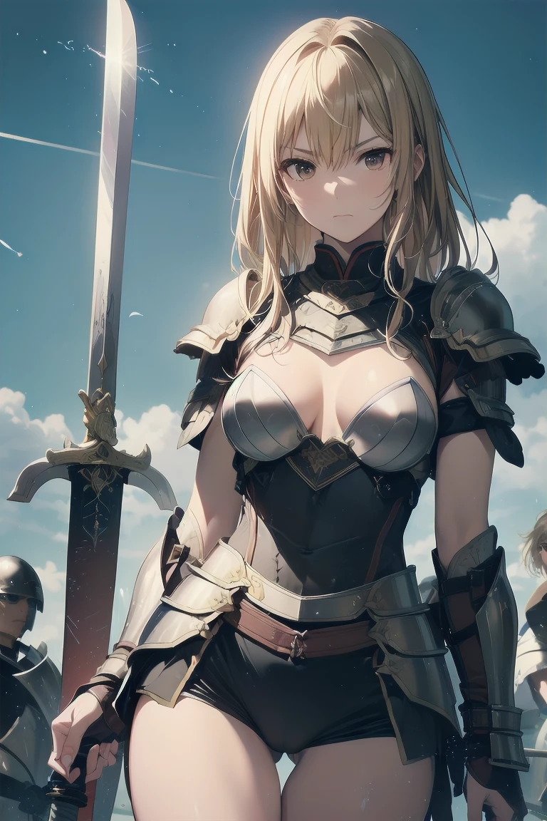 best quality, masterpiece,highly detailed,anime,1girl,mature female,upper body,(jeanne d'arc),medium breasts,perfect face,blond hair,long hair,(white clothes),(bare shoulder),armored dress,headwear,flag,battlefield in background,depth of field,looking at viewer,cinematic lighting,