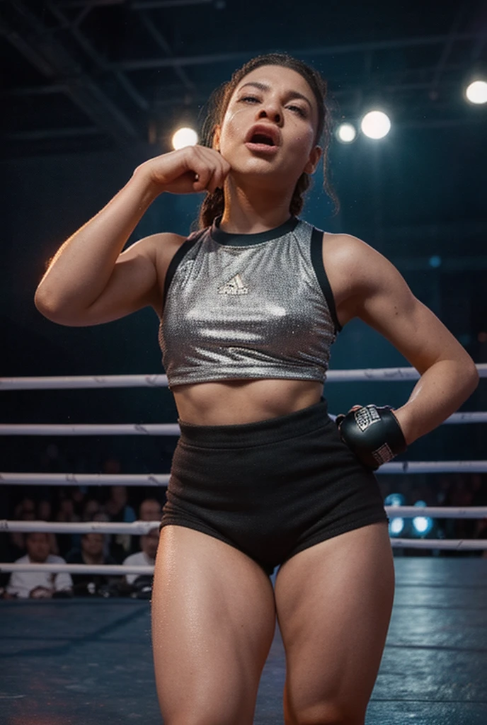 Looks like Kajal Aggarwal,slightly chubby,wearing magenta boxing gloves,magenta boxing gloves,boxing ring,sweaty,tired,exhausted,arms raised,both arms up,boxing gloves on both hands, intricate details, magenta outfit,(ArtStation:1.2),armpits,sweat,sweaty,sweaty armpits,arms up,showing armpits,awesome armpits,eyeroll,magenta outfit,blue arm warmers