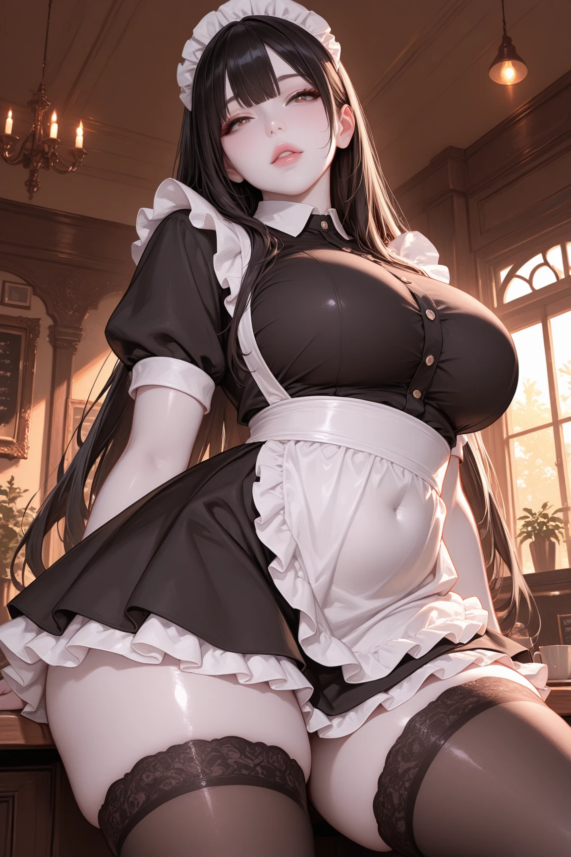 Girl with black hair eyes , in maid dress . Her jade white skin was glistening in his eyes. Her slender long legs coupled with her soft and plump breasts, her slim figure, her pink lips and beautiful eyes, everything made her look stunning.