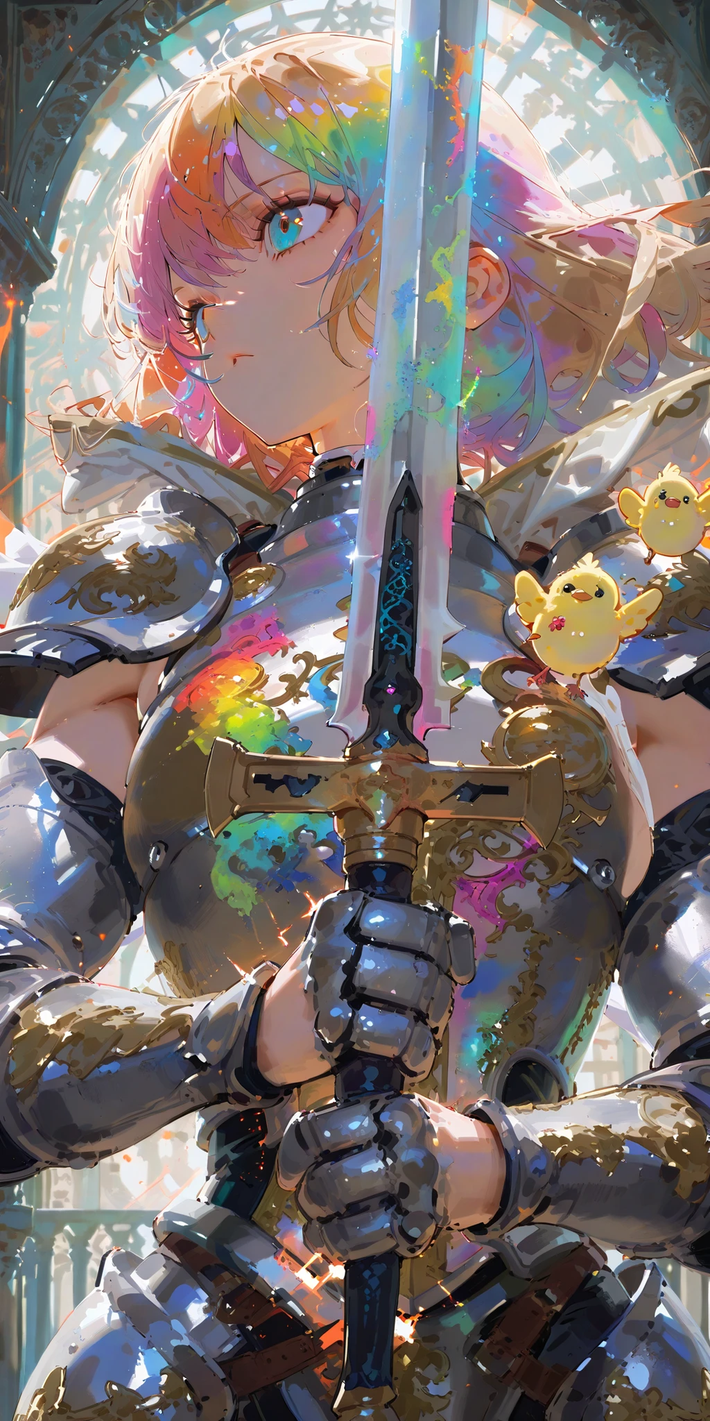 Female Knight,womanhood,1girl,glittering armor,A beautiful, shining sword,deep on a strict pedestal々and trying to pull out the sword piercing,I'm holding my sword in a cool way,with a glittering background,Action Pose,dynamic pose,dynamic lighting,colorful,Anime Chick,safe content(masterpiece, 最high quality, high quality, detailed background, complicated details,complicated,super high resolution, very beautiful ,Newest:1.2)