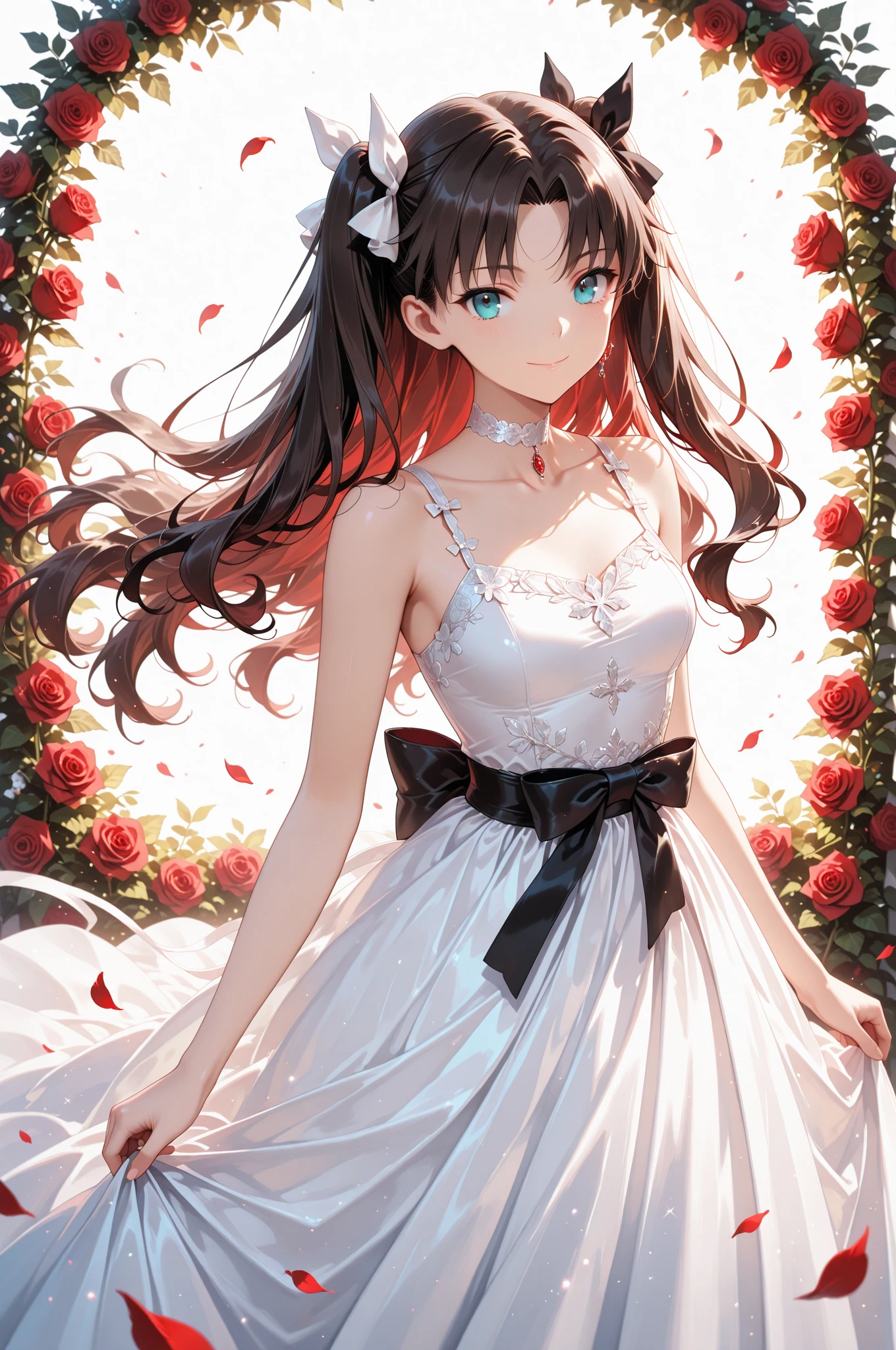 The most beautiful rose bush imaginable and an incredibly elegant young woman, superbly hairstyled, Espectacularmente maquillada y con un vestido deslumbrantemente fabuloso. In a dream garden on a magical night. (obra maestra) (mejor calidad)