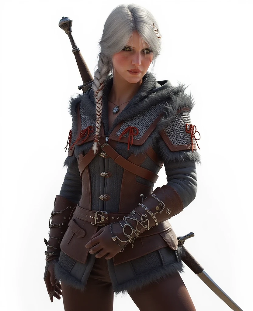 fking_scifi_v2, a female elf, (ciri from witcher 3), ciri, with pale skin and green short hair, in a (fur) tunic, posed, leaning