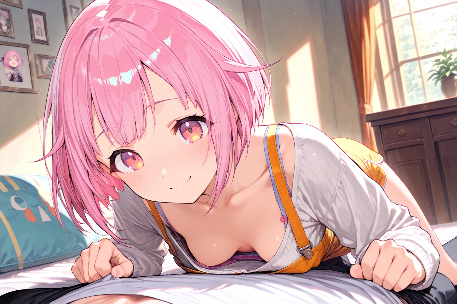 ((masterpiece)), ((best quality)), (ultra-detailed), on the bed, a cute girl, 1girl, solo, kimono, japanese cloth, ((beautiful eyes)), light smile, ((open chest)), ((cute nipples)), small breast