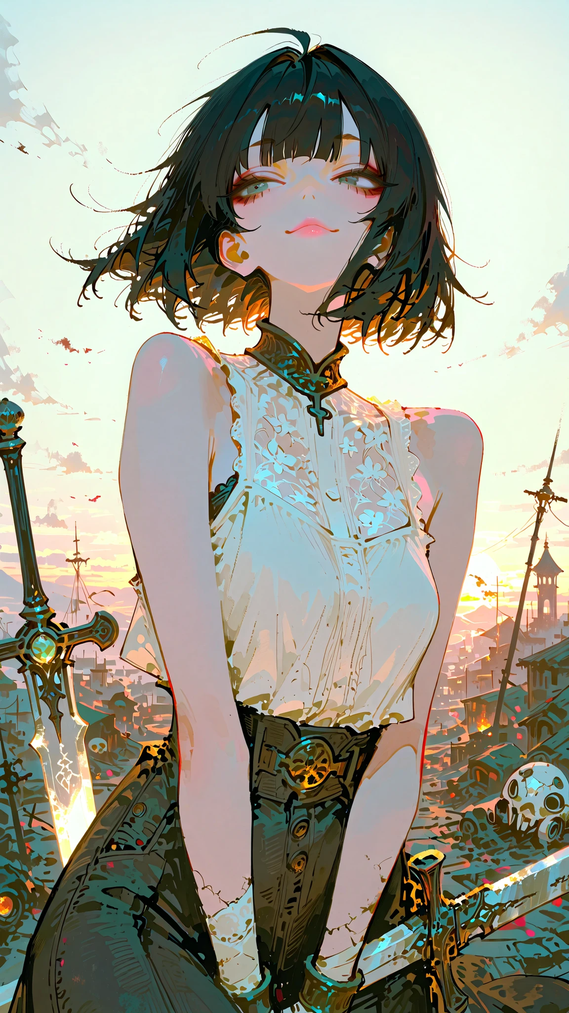 (masterpiece:1.2, best quality), (beautiful detailed eyes:1.2), ((beautiful girl)), (very detailed CG, ultra detailed), (very detailed and beautiful:1.1), (perfect details:1.1), a cute girl, solo, holy sword, sacred light, pulling a sword from a ruined city, post-apocalyptic, ray of light, hope, dramatic shadows, surreal, cinematic lighting,(Animation Style: 1.3), vast skies that occupy most of the scene, top quality, amazing quality, film composition, demonstration, short hair, black hair, split bangs, black eyes, gray eyes, pink lips, sleeveless top, casual and elegant style, subtle wind, calm pose, minimal accessories, painterly animated landscape, (Transquill mood: 1.5)