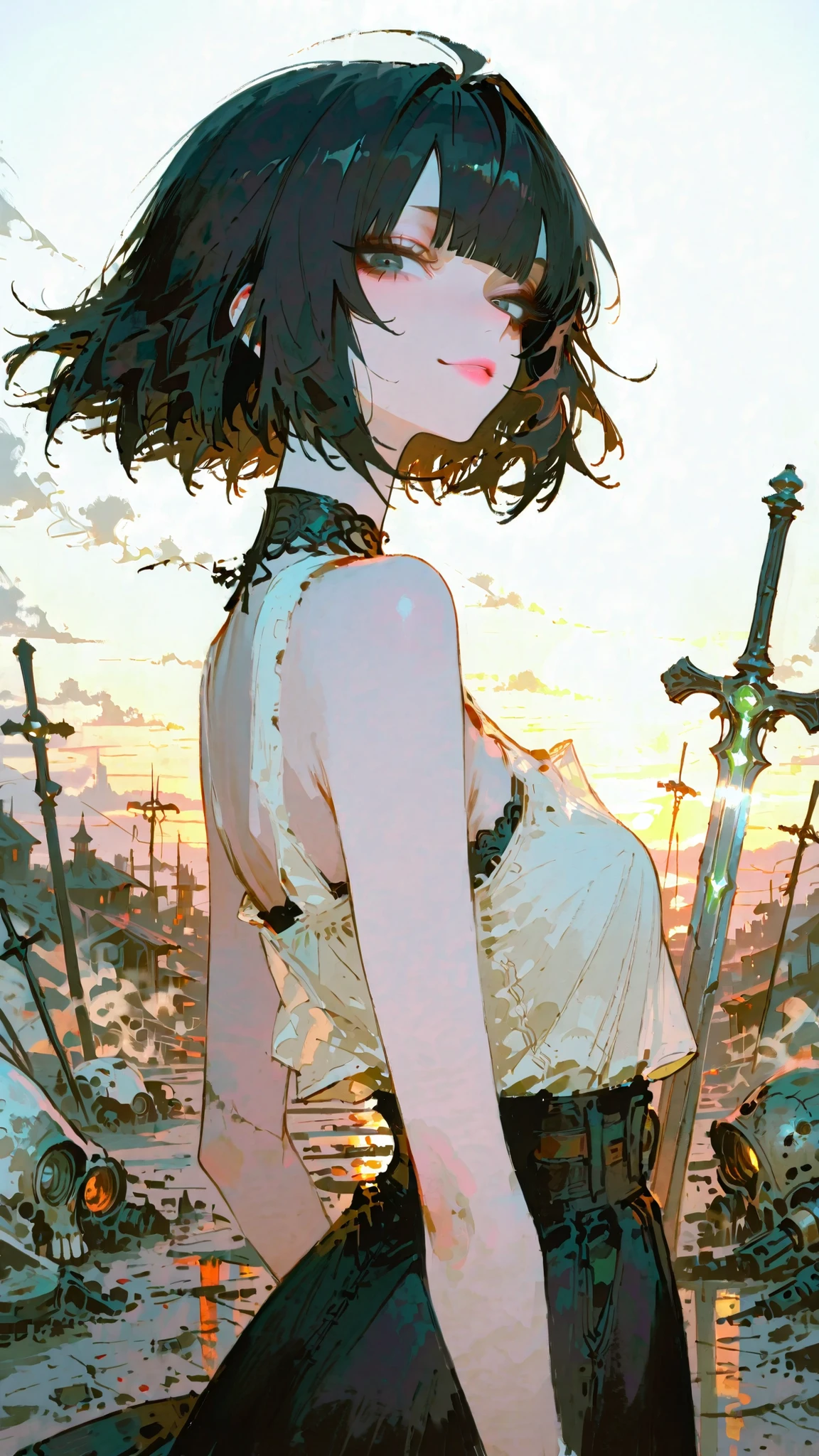 (masterpiece:1.2, best quality), (beautiful detailed eyes:1.2), ((beautiful girl)), (very detailed CG, ultra detailed), (very detailed and beautiful:1.1), (perfect details:1.1), a cute girl, solo, holy sword, sacred light, pulling a sword from a ruined city, post-apocalyptic, ray of light, hope, dramatic shadows, surreal, cinematic lighting,(Animation Style: 1.3), vast skies that occupy most of the scene, top quality, amazing quality, film composition, demonstration, short hair, black hair, split bangs, black eyes, gray eyes, pink lips, sleeveless top, casual and elegant style, subtle wind, calm pose, minimal accessories, painterly animated landscape, (Transquill mood: 1.5)