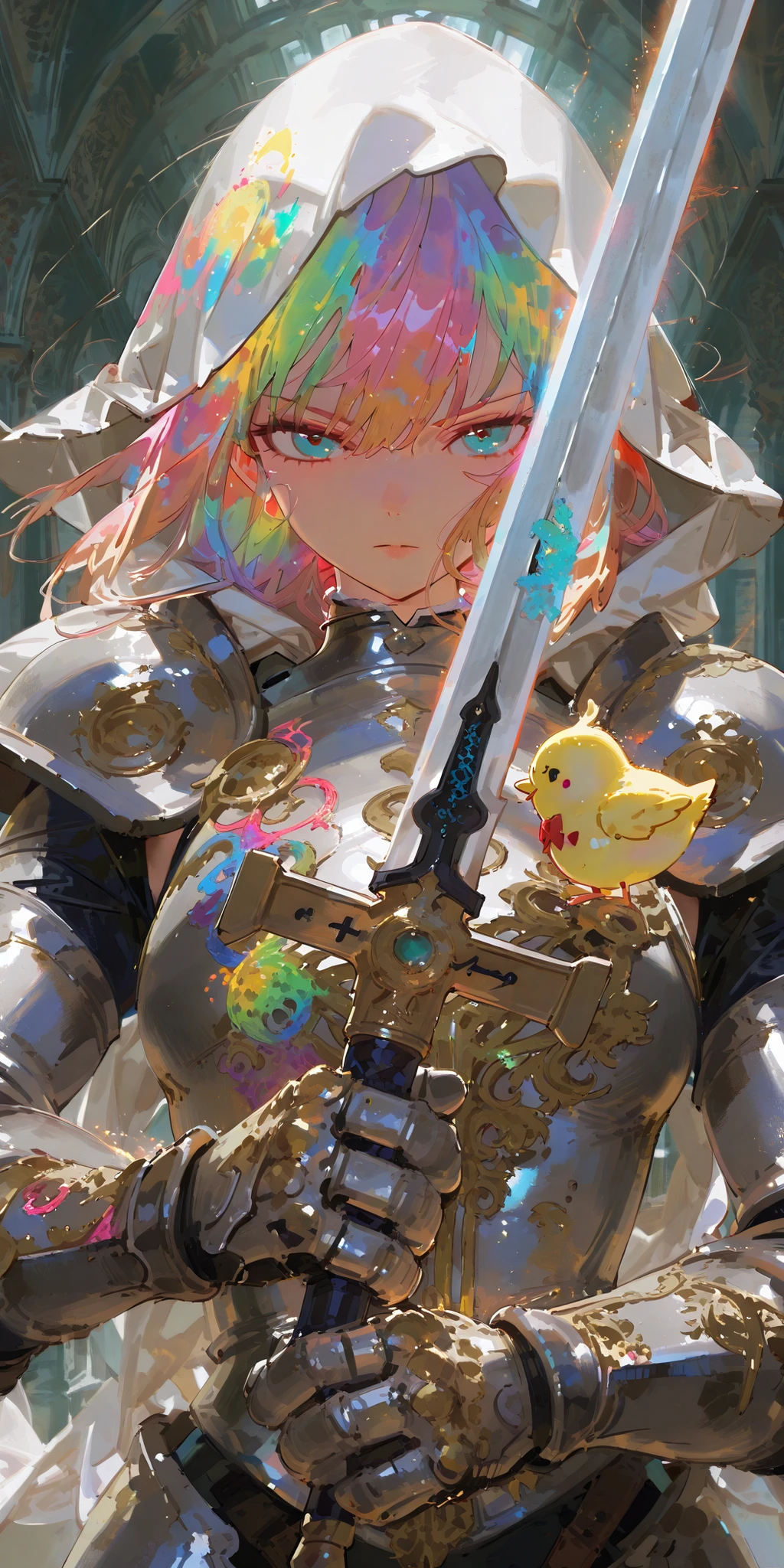 Female Knight,womanhood,1girl,glittering armor,gauntlet,A beautiful, shining sword,deep on a strict pedestal々and trying to pull out the sword piercing,I'm holding my sword in a cool way,with a glittering background,Action Pose,dynamic pose,dynamic lighting,colorful,Anime Chick,safe content(masterpiece, 最high quality, high quality, detailed background, complicated details,complicated,super high resolution, very beautiful ,Newest:1.2)